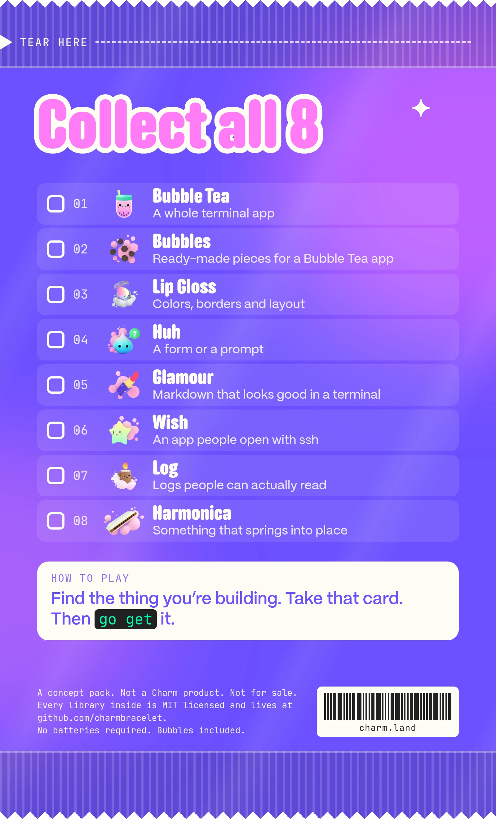 The wrapper’s back: Collect all 8, a checklist pairing each library with what it’s for, How to play (Find the thing you’re building. Take that card. Then go get it.), and fine print saying it’s a concept pack and not a Charm product.
