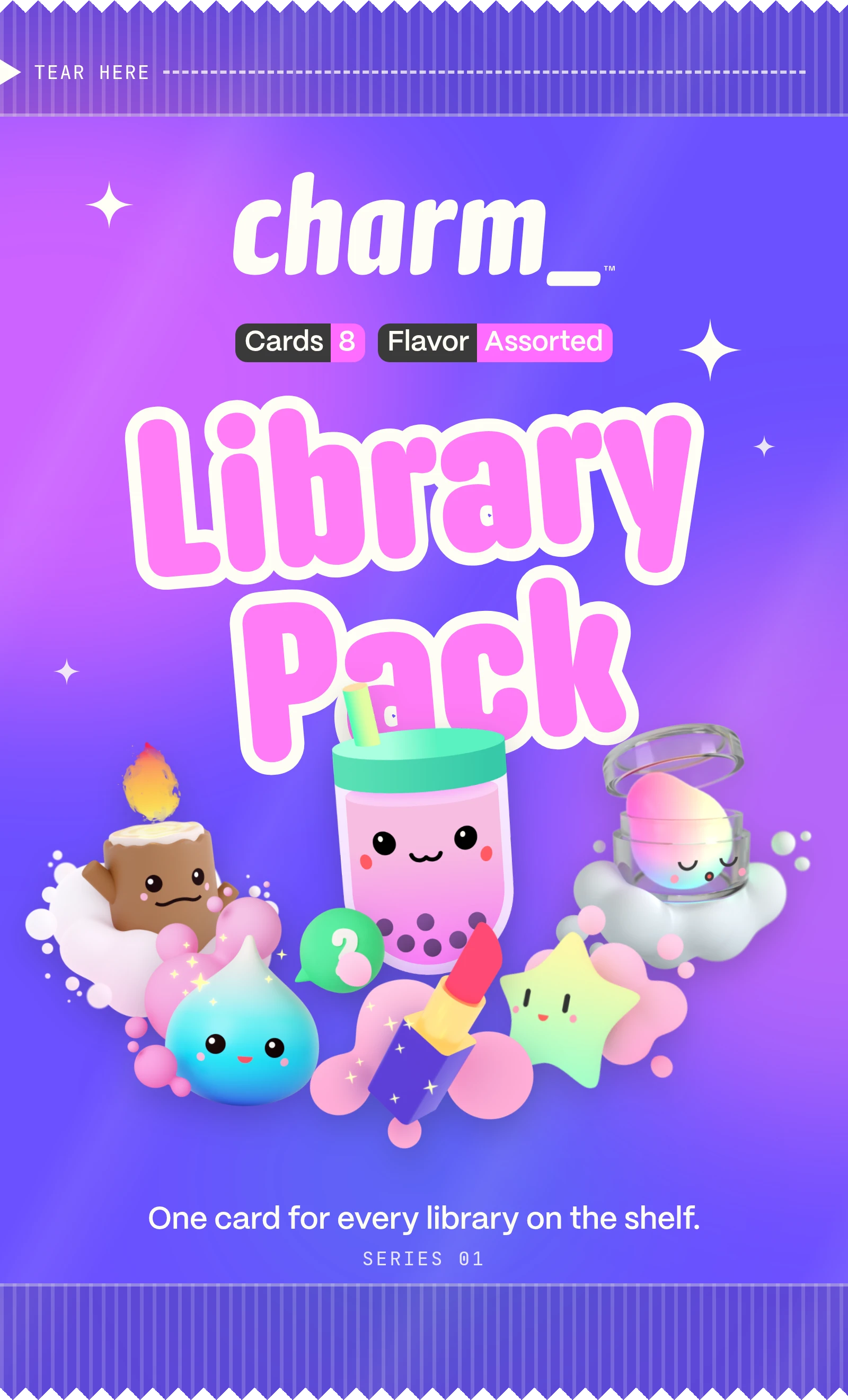 The wrapper’s front: the charm_ wordmark, badges reading Cards 8 and Flavor Assorted, Library Pack in big pink outlined letters over a pile of six mascots, and One card for every library on the shelf. Crimped, ridged seals at the top and bottom.