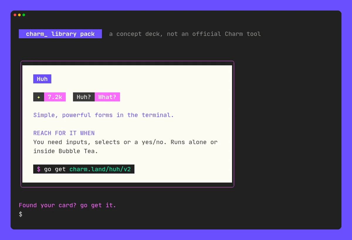 Huh in the terminal: The terminal demo at 10 seconds, after it deals the Huh card.