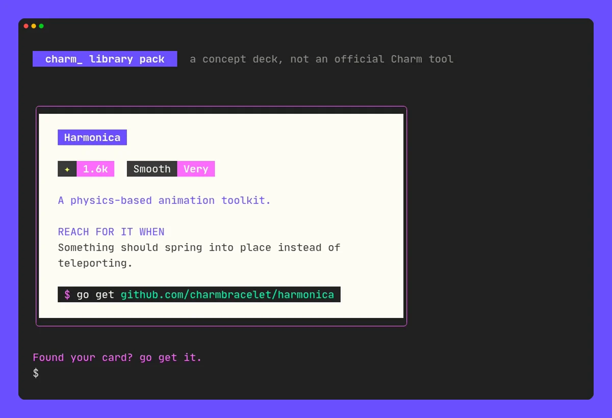 Harmonica in the terminal: The last frame of the terminal demo, after it deals Harmonica.