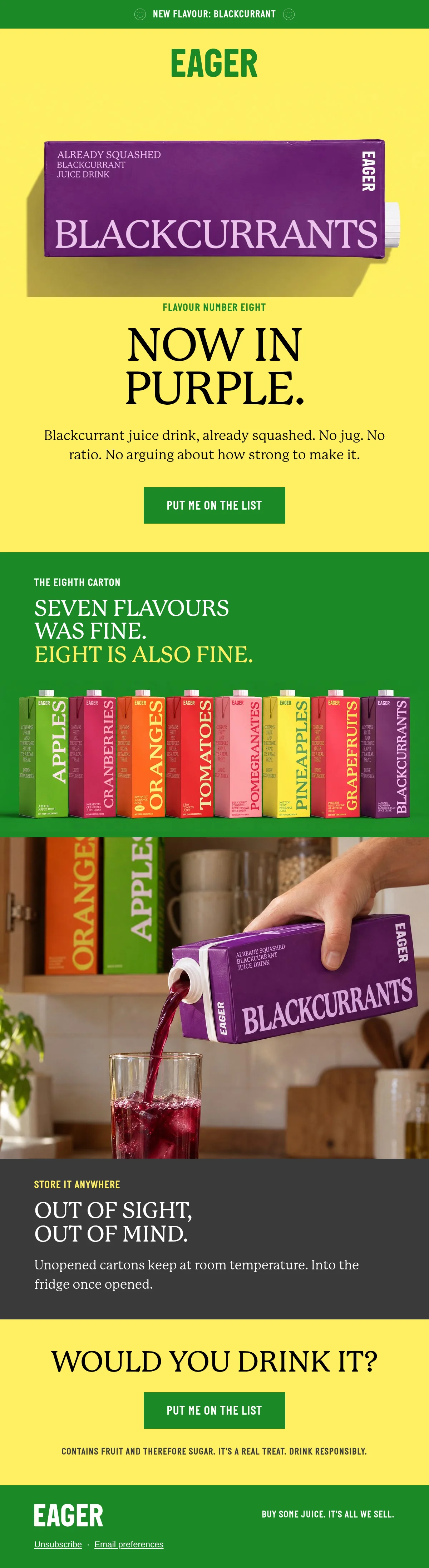 The launch email: the EAGER logo, the purple carton on yellow, Now in purple, a Put me on the list button, the eight-carton lineup and a pour scene.