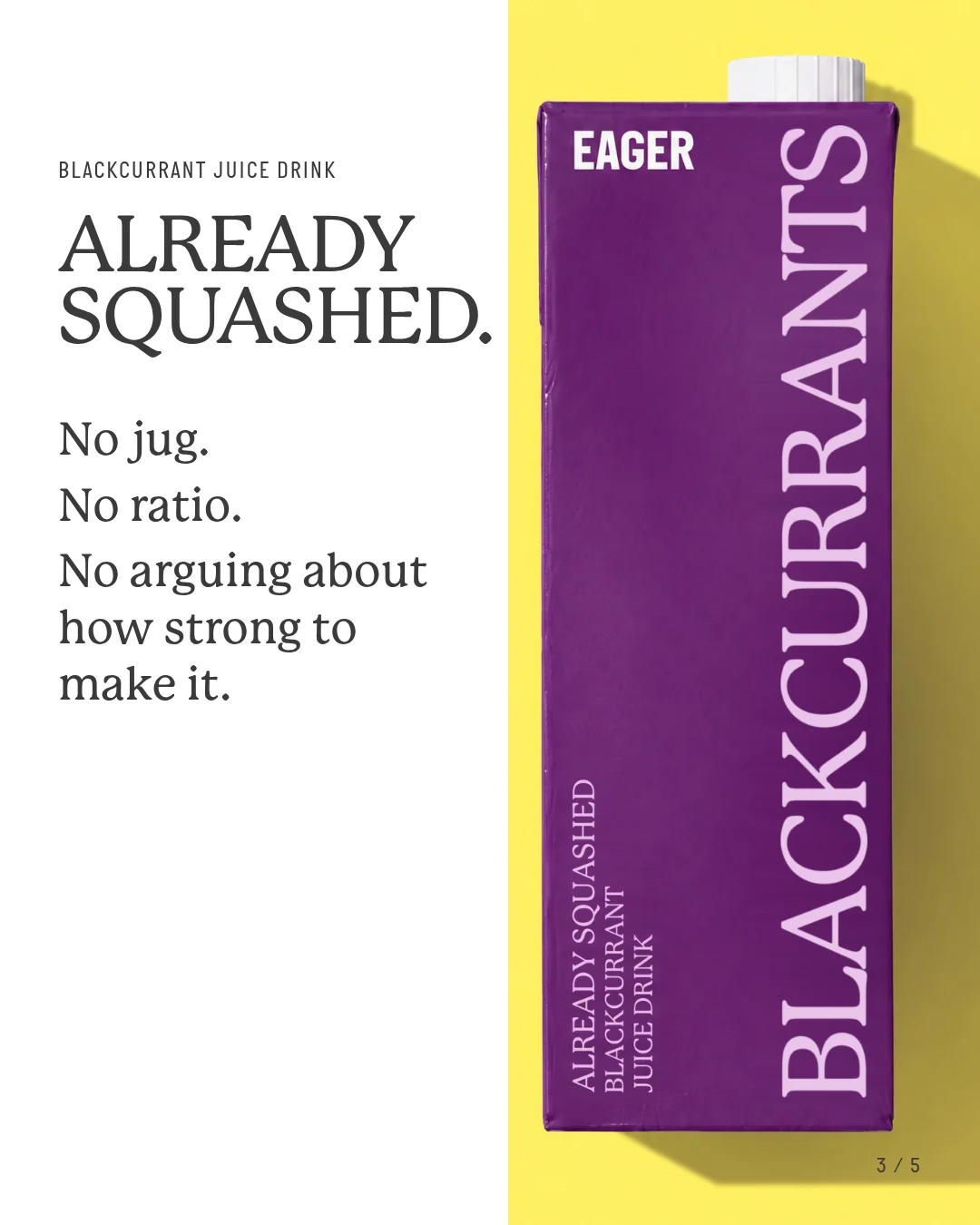 Slide 3: the carton upright beside Blackcurrant juice drink. Already squashed. No jug. No ratio. No arguing about how strong to make it.