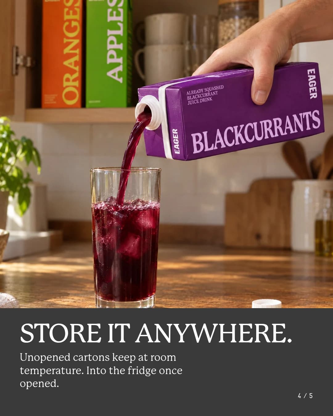 Slide 4: purple juice poured into a glass of ice. Store it anywhere.