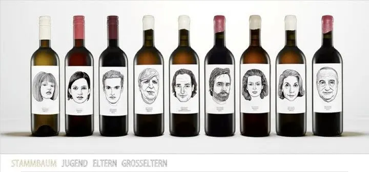 Gut Oggau brand image: Nine bottles of the wine family in a row, each label a drawn face
