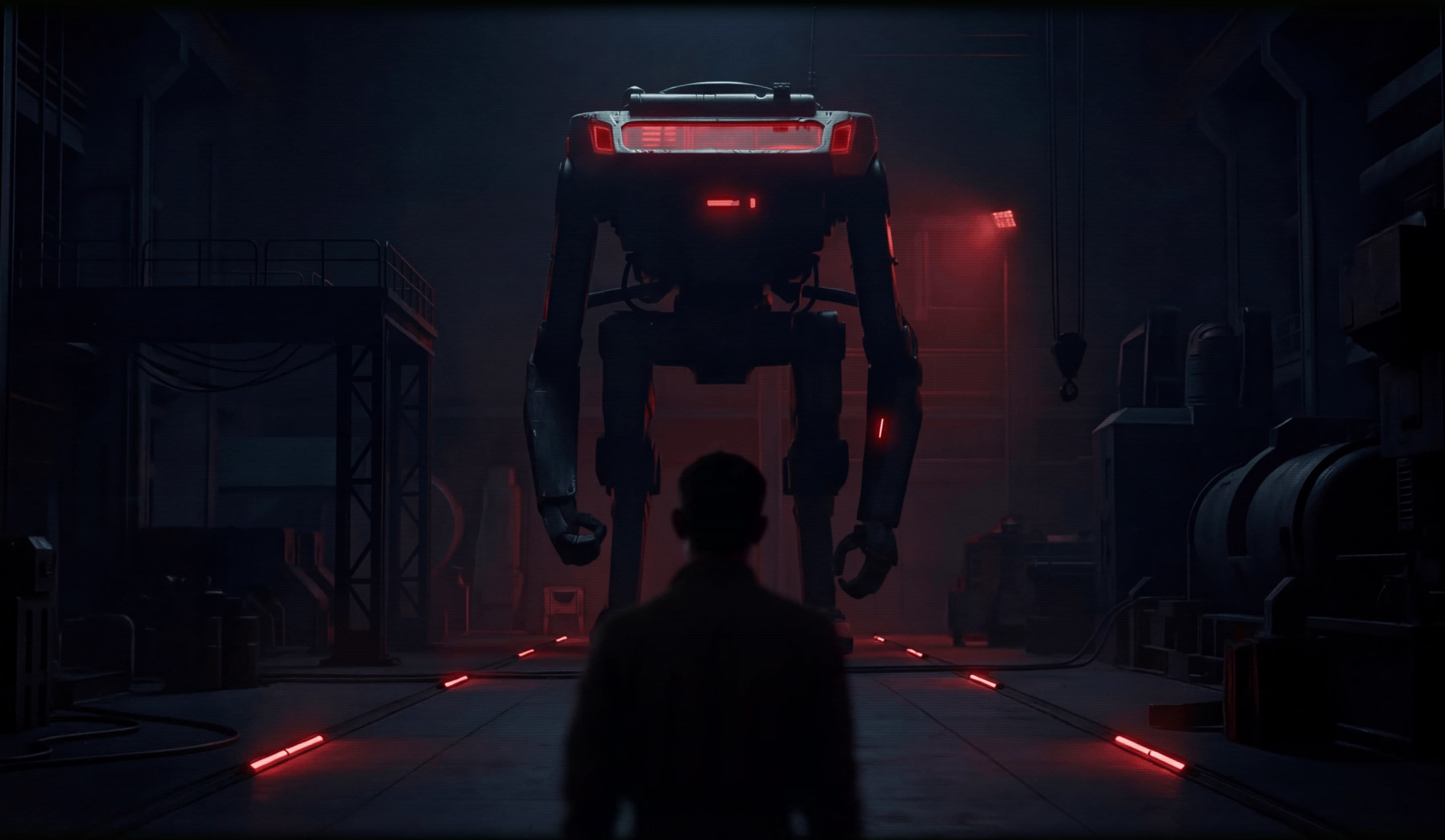 Sazabi’s mech in a dark hangar, its visor lit red