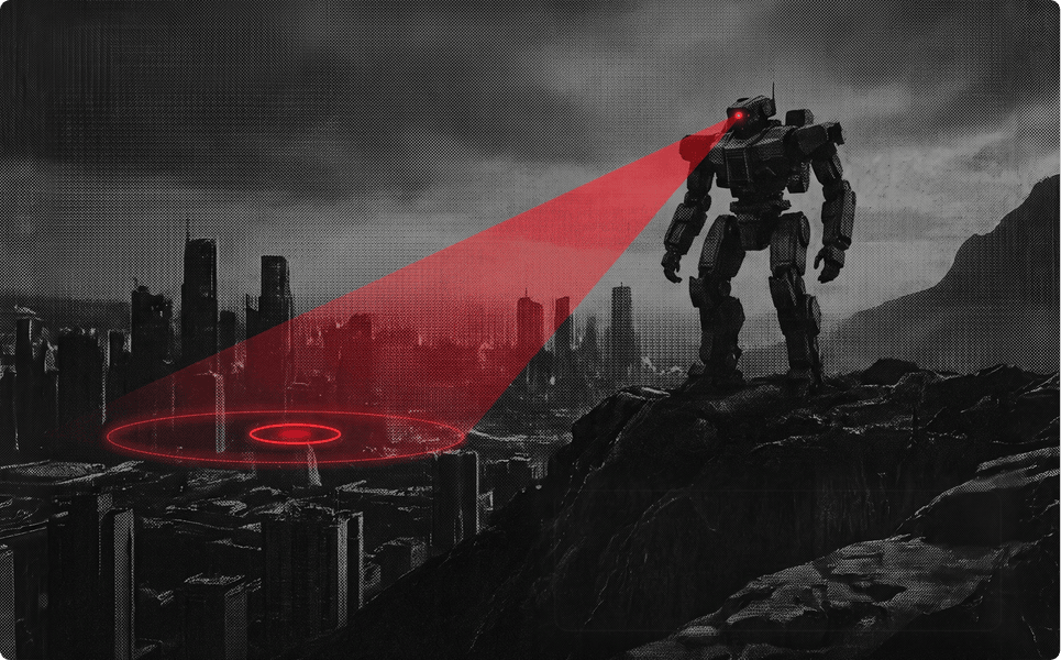 Sazabi’s mech sweeping a red searchlight over a city