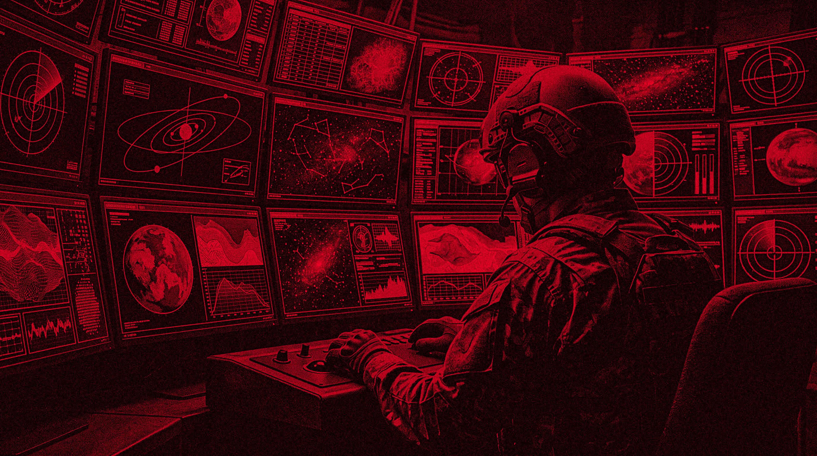 Sazabi’s red control room with a wall of monitors