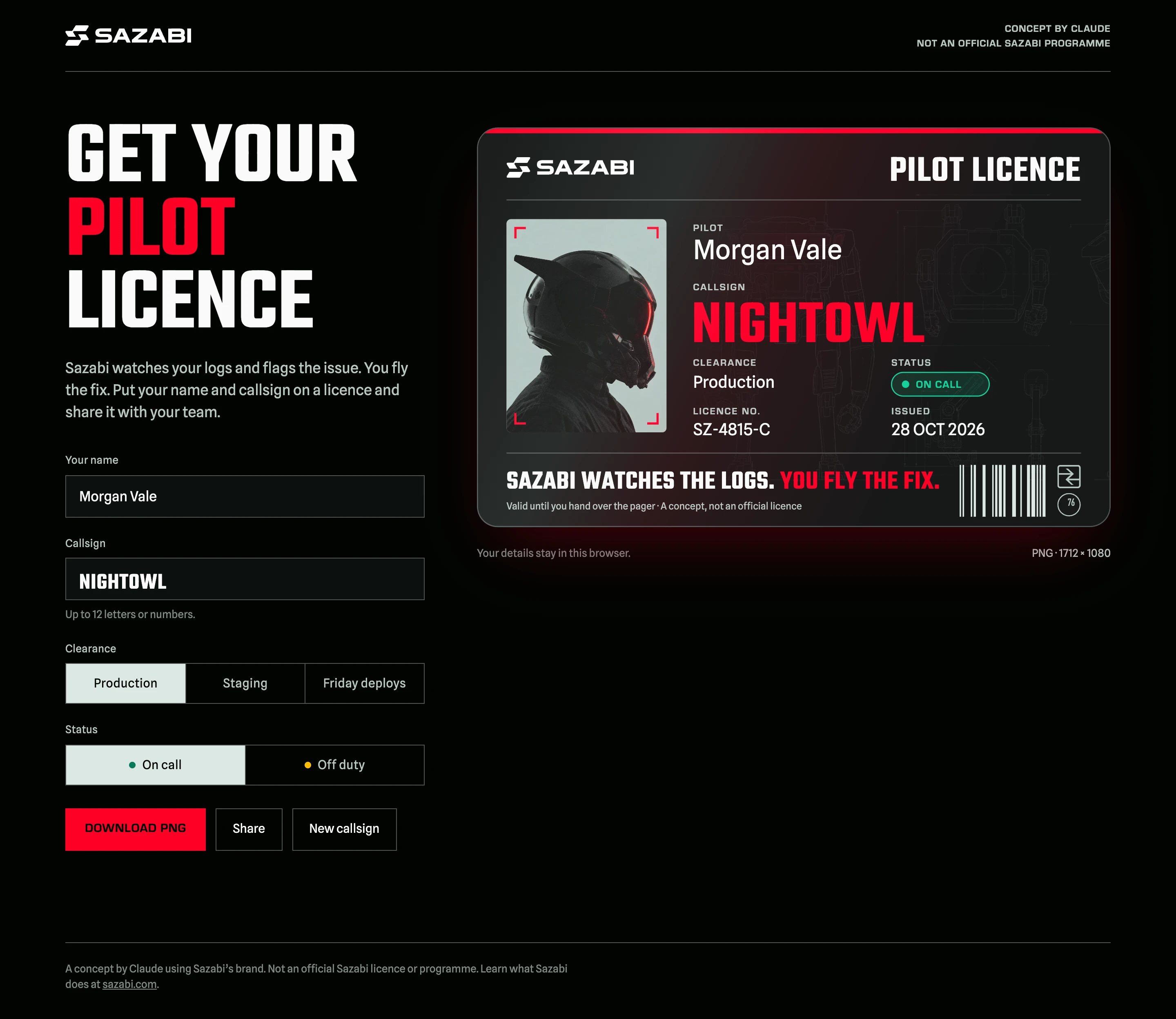 The pilot licence page on desktop: Get your pilot licence, the form, and a licence card for Morgan Vale, callsign NIGHTOWL, with a helmet portrait.