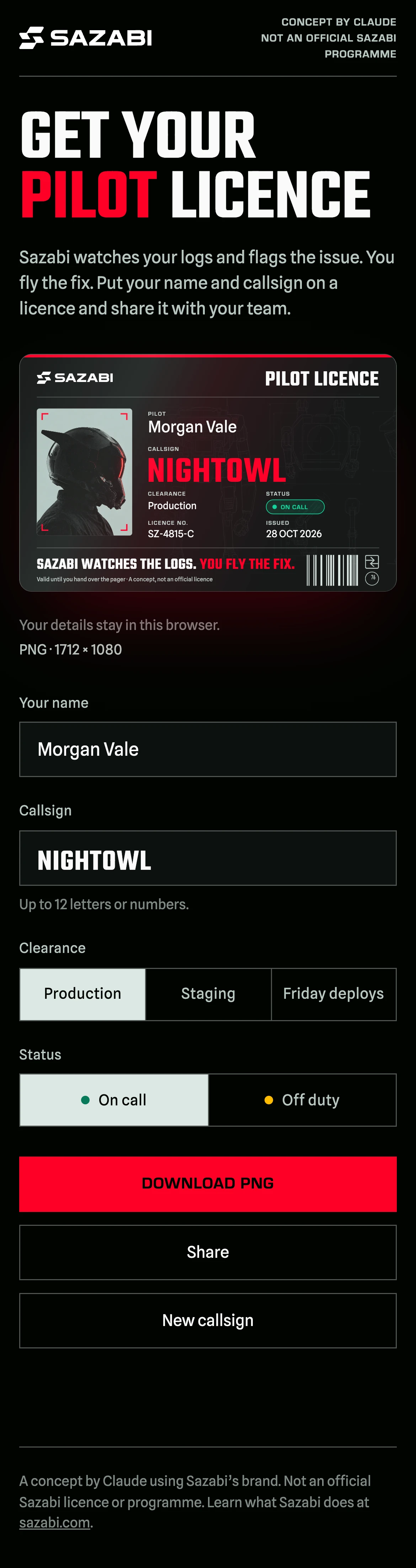 The same page on a phone: the headline, the card, then the form and the Download PNG button.