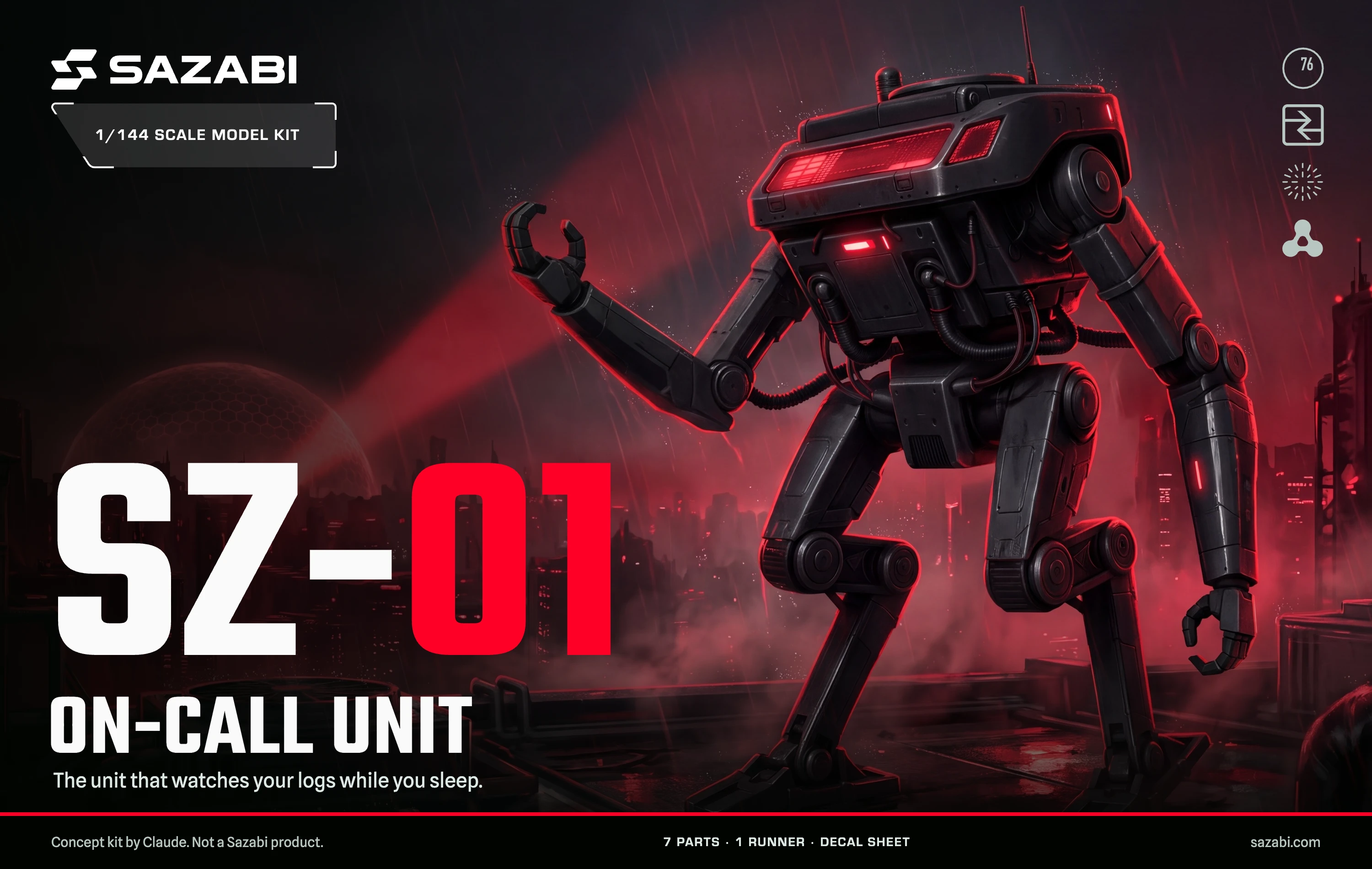 The SZ-01 box top: Sazabi’s red-visored droid striding across a rainy rooftop at night, SZ-01 On-call unit in large type, the white Sazabi logo and a concept label.