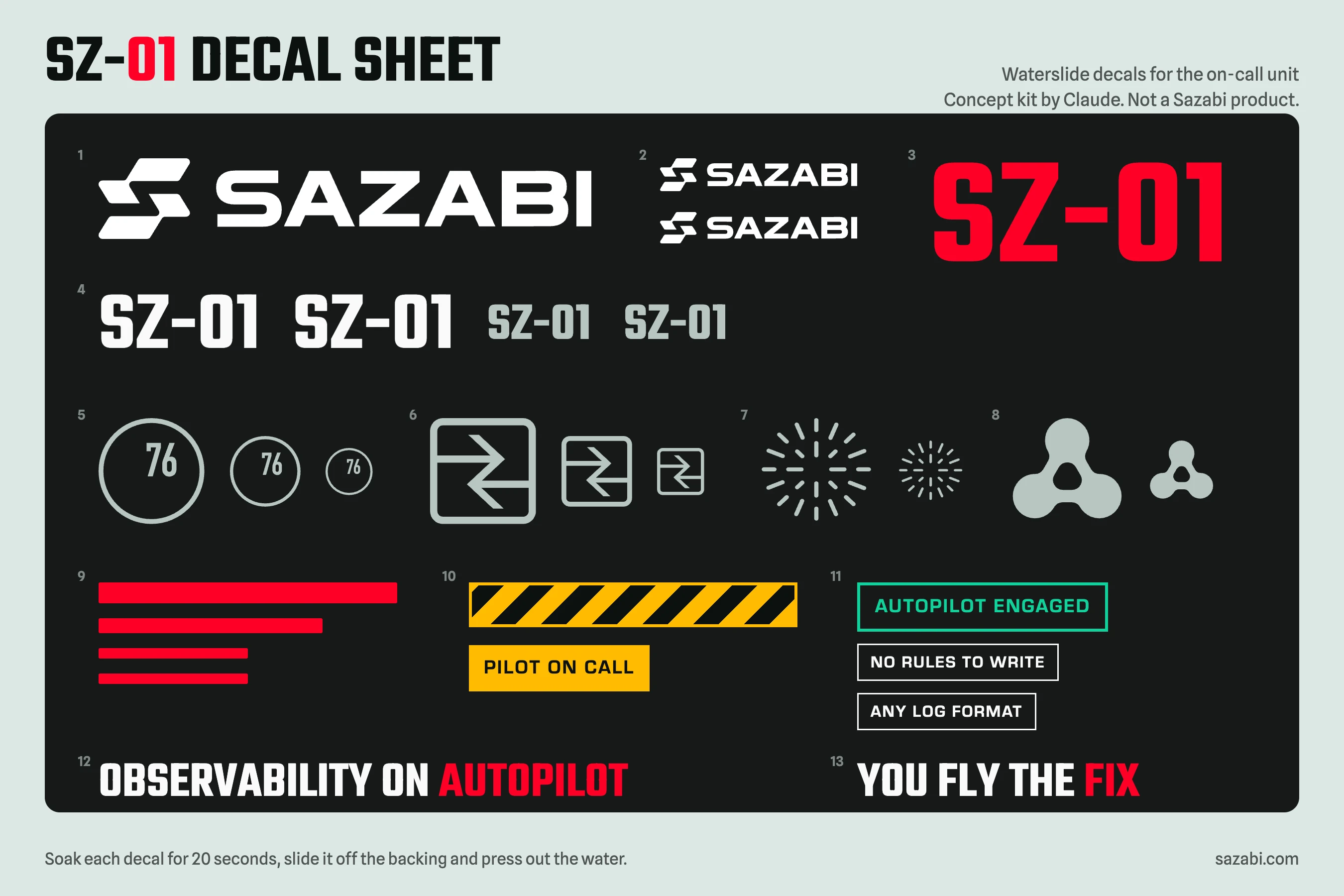 The decal sheet: white Sazabi logos, SZ-01 unit codes, Sazabi’s vector marks, red visor stripes and status plates.