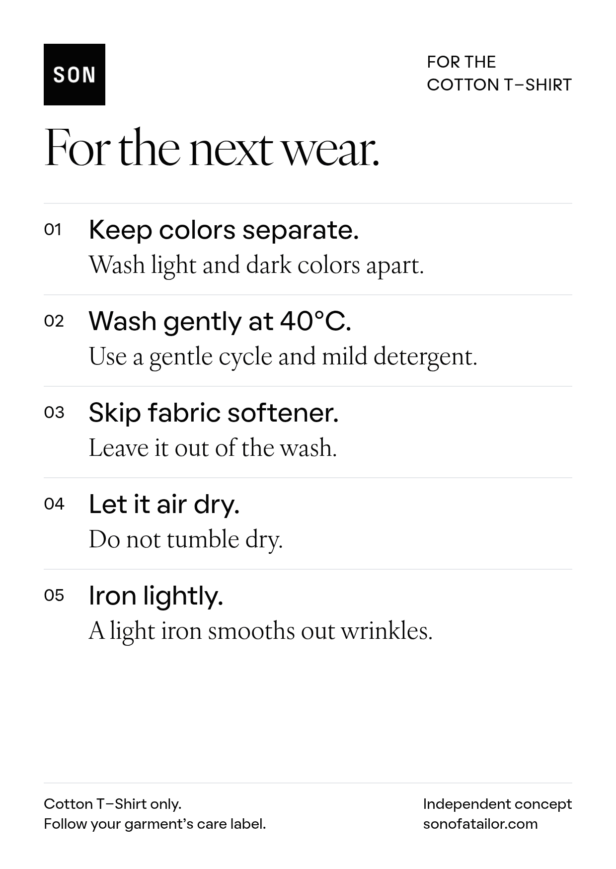 Back of the insert: keep colors separate, wash gently at 40°C, skip fabric softener, let it air dry, iron lightly.