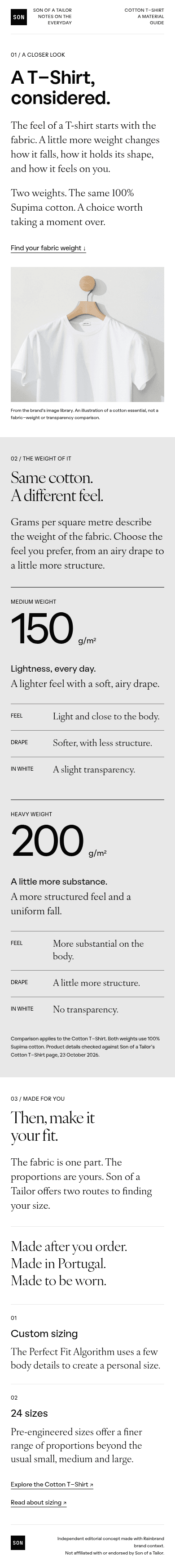 The cotton guide on a phone, with the comparison and the sizing options stacked.