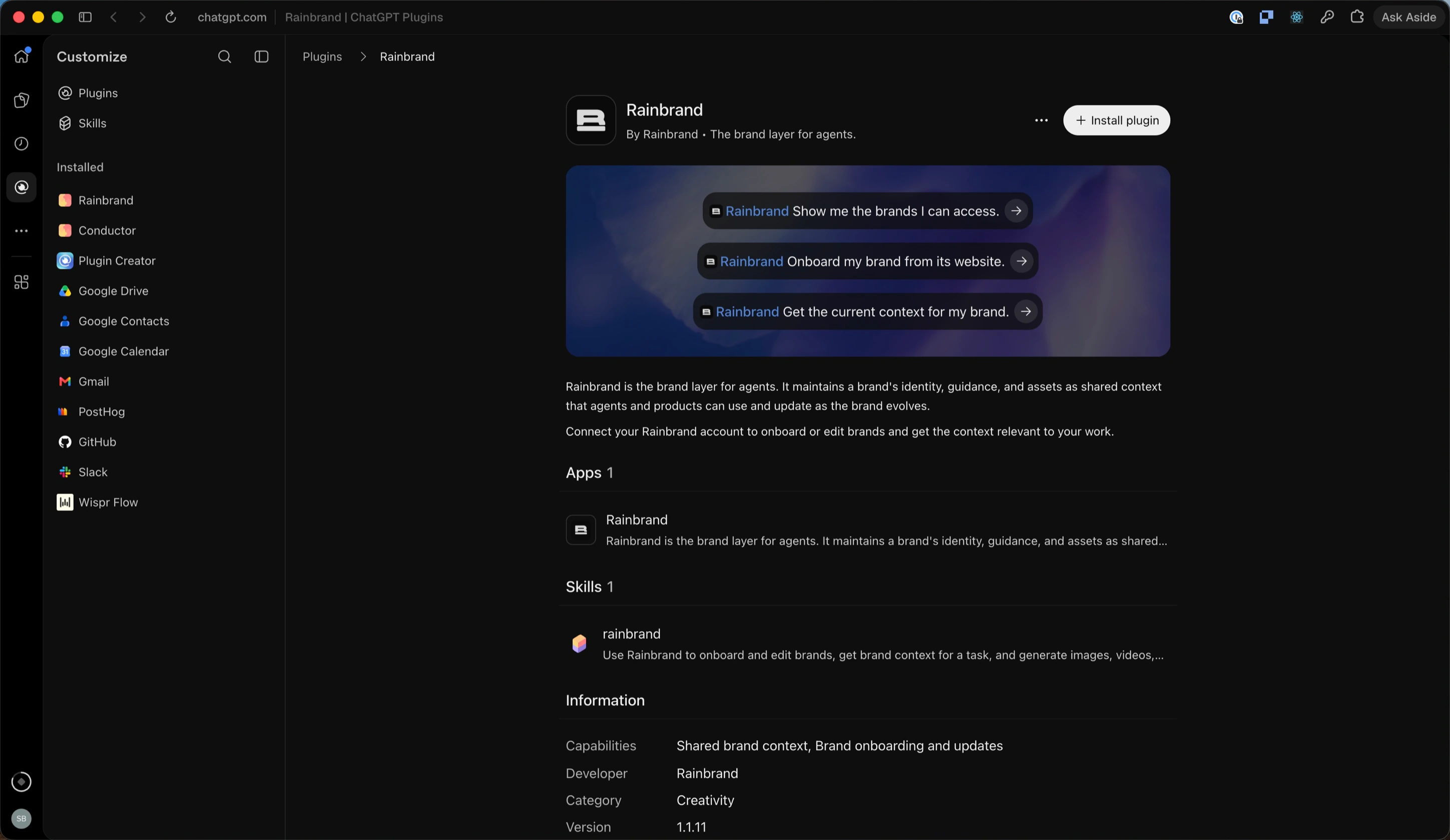 The Rainbrand plugin's page in ChatGPT's plugin directory, with the Install plugin button