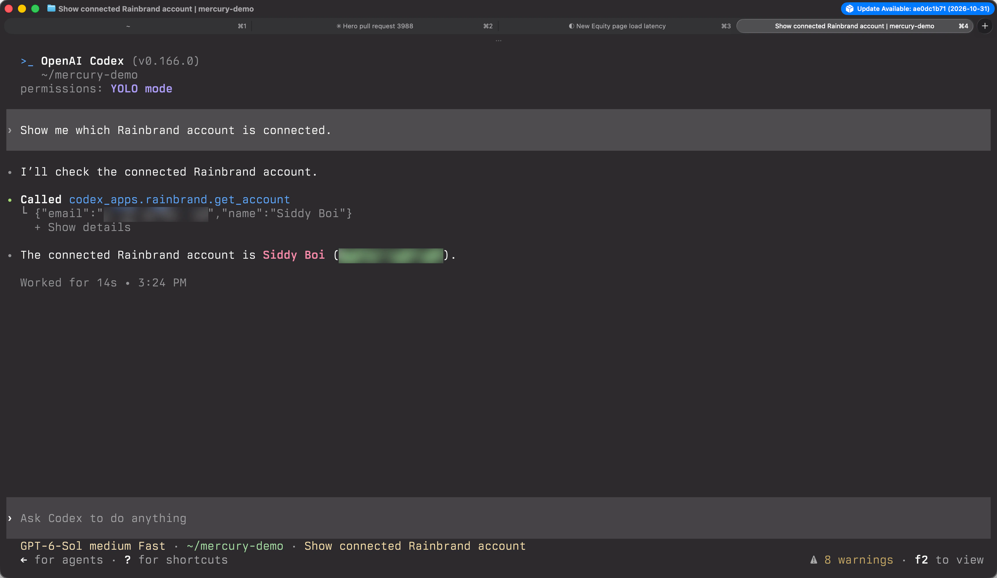 Codex CLI calling codex_apps.rainbrand.get_account and replying with the connected Rainbrand account, with the email blurred