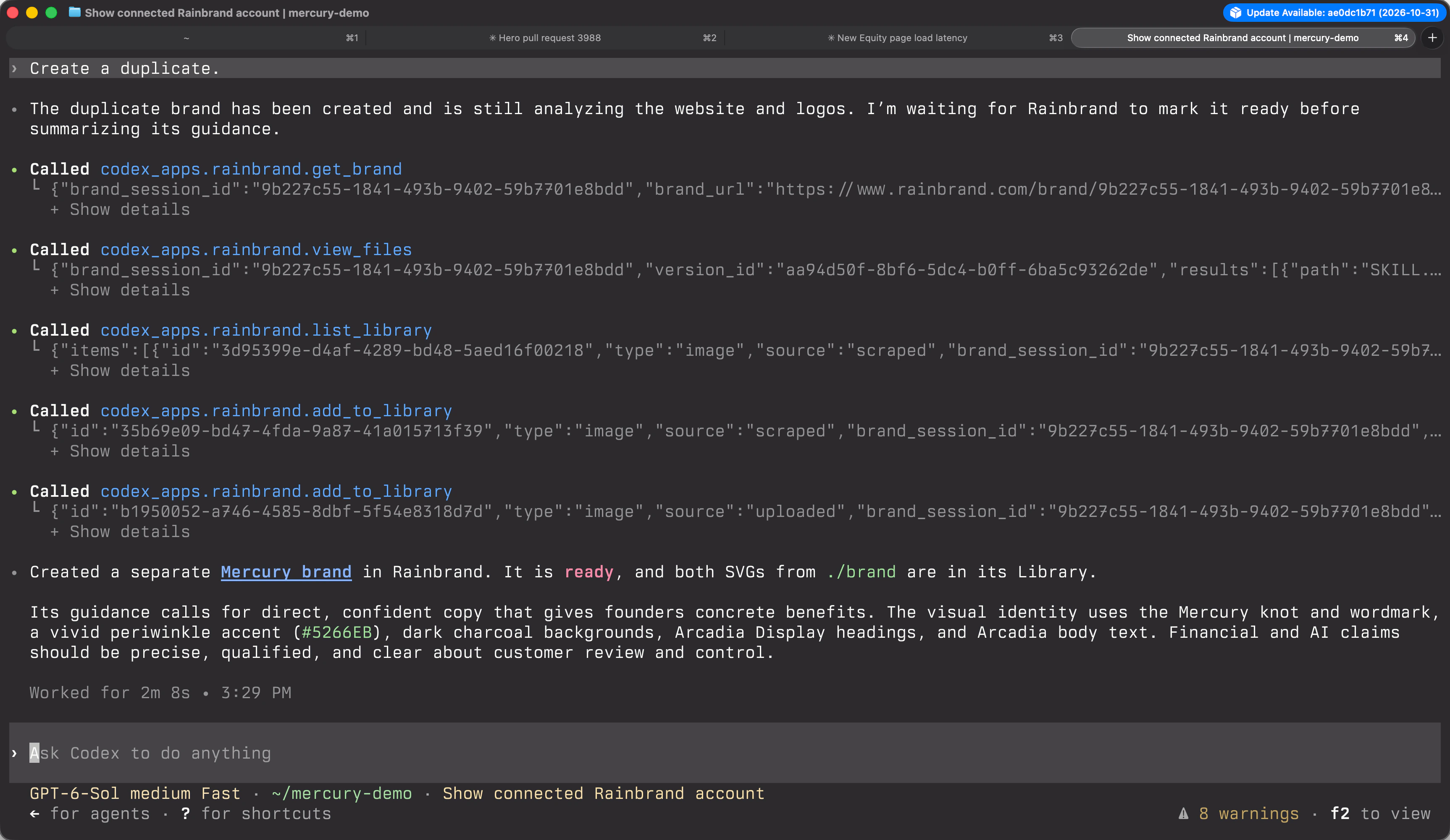 Codex CLI after creating a second Mercury brand in Rainbrand: the get_brand, view_files, list_library and add_to_library calls, then a summary of the brand's guidance