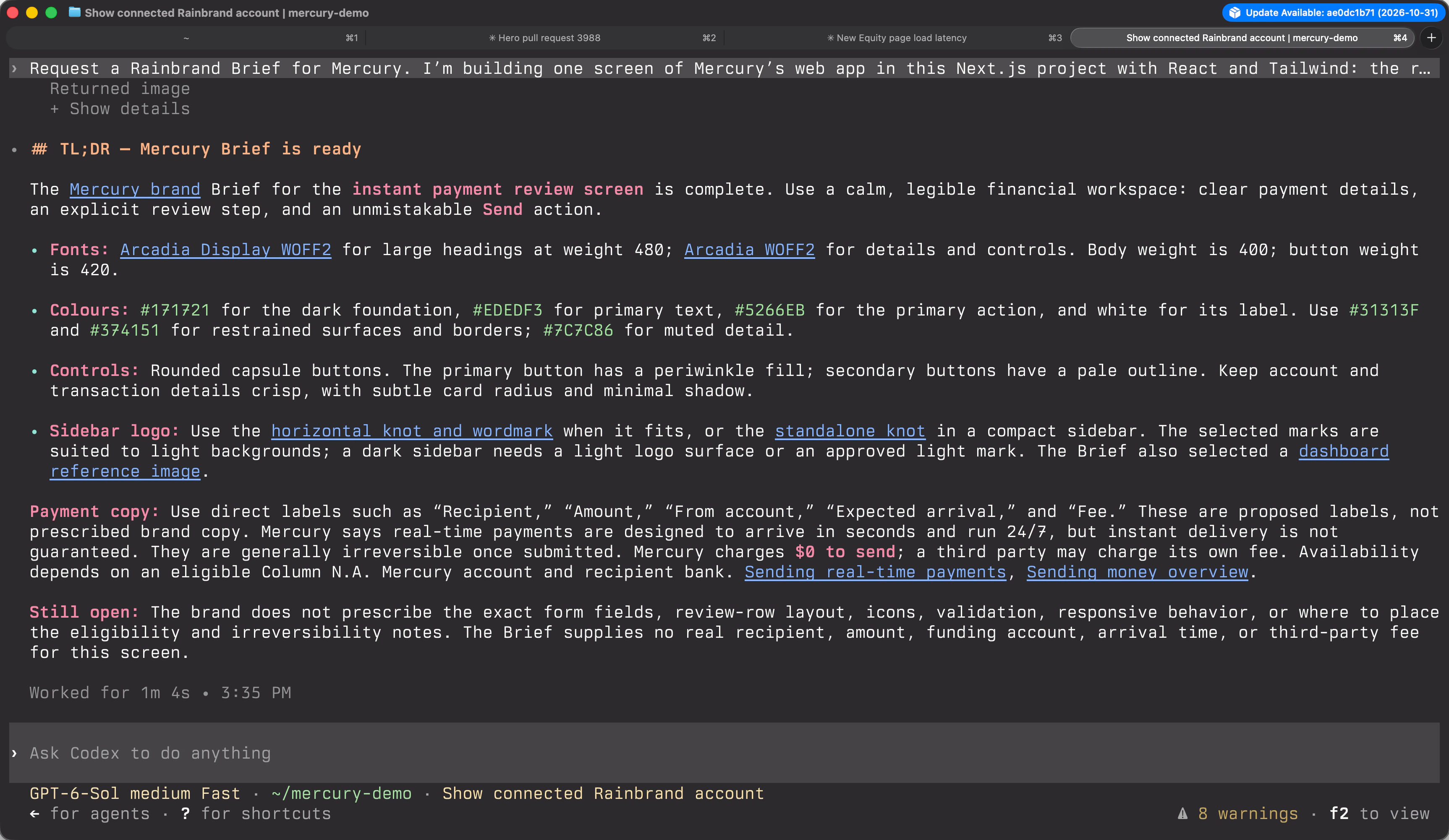 Codex CLI showing its summary of the Rainbrand Brief: the Arcadia font files, the colours, capsule buttons, the sidebar logo, payment wording and what the brand leaves open