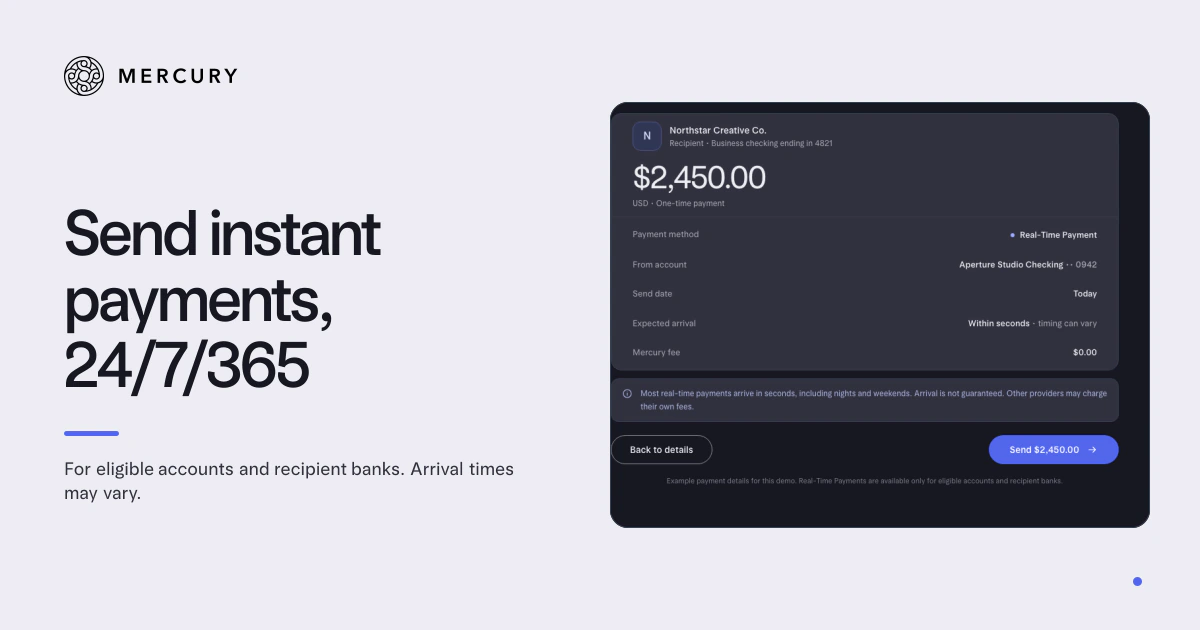 A 1200×630 Mercury link preview: the knot and wordmark, the headline Send instant payments, 24/7/365, a line on eligibility and arrival times, and a crop of the payment screen on the right