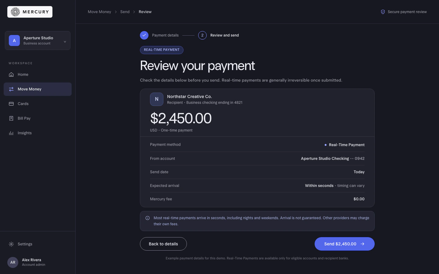 Codex's Mercury payment review screen, first try