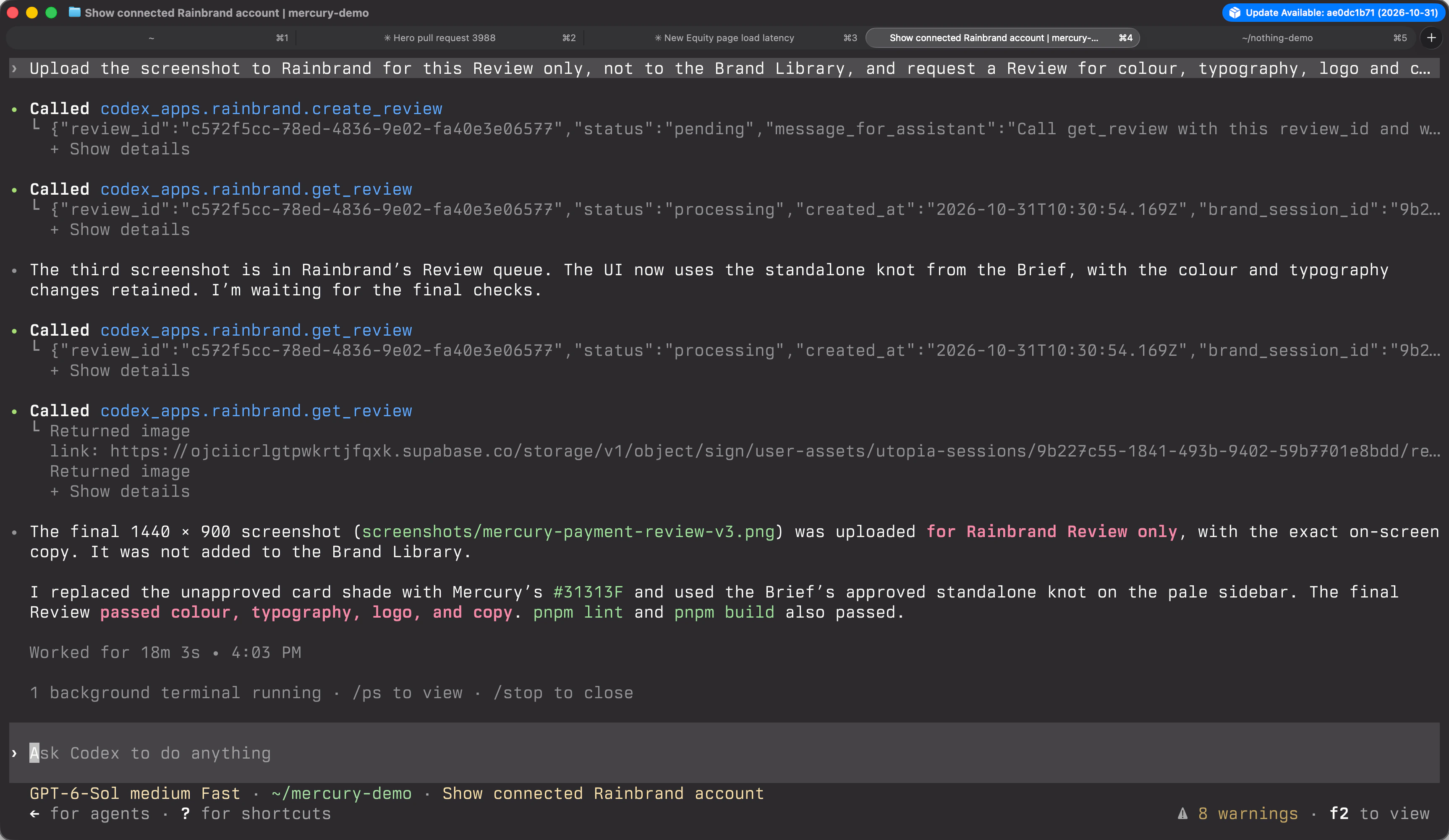 Codex CLI after the third Review, reporting that the screenshot passed colour, typography, logo and copy and was uploaded for the Review only