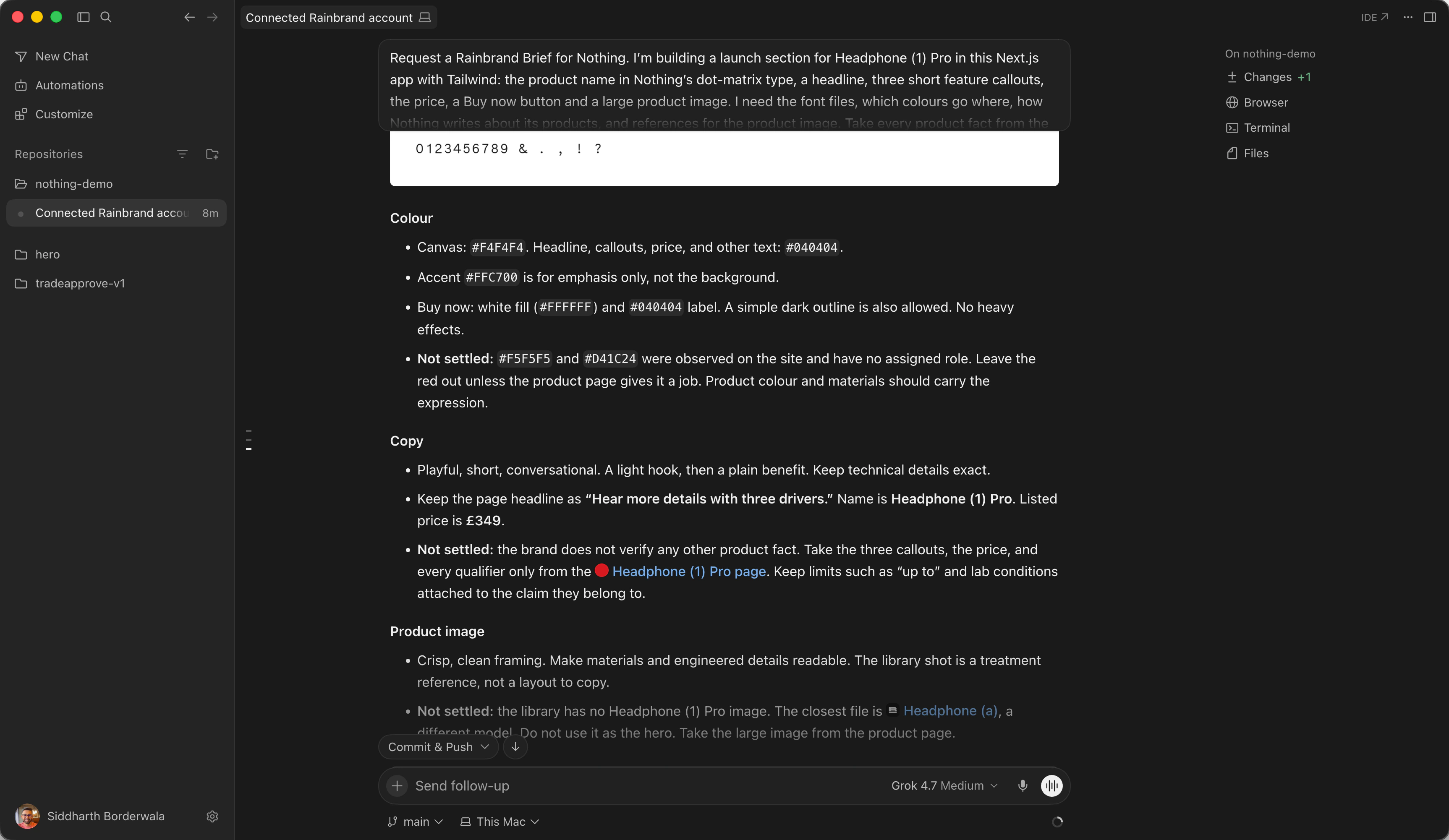 The rest of the Brief's summary in Cursor: colours by role, the headline and price from the product page, and the note that the brand has no Headphone (1) Pro photo