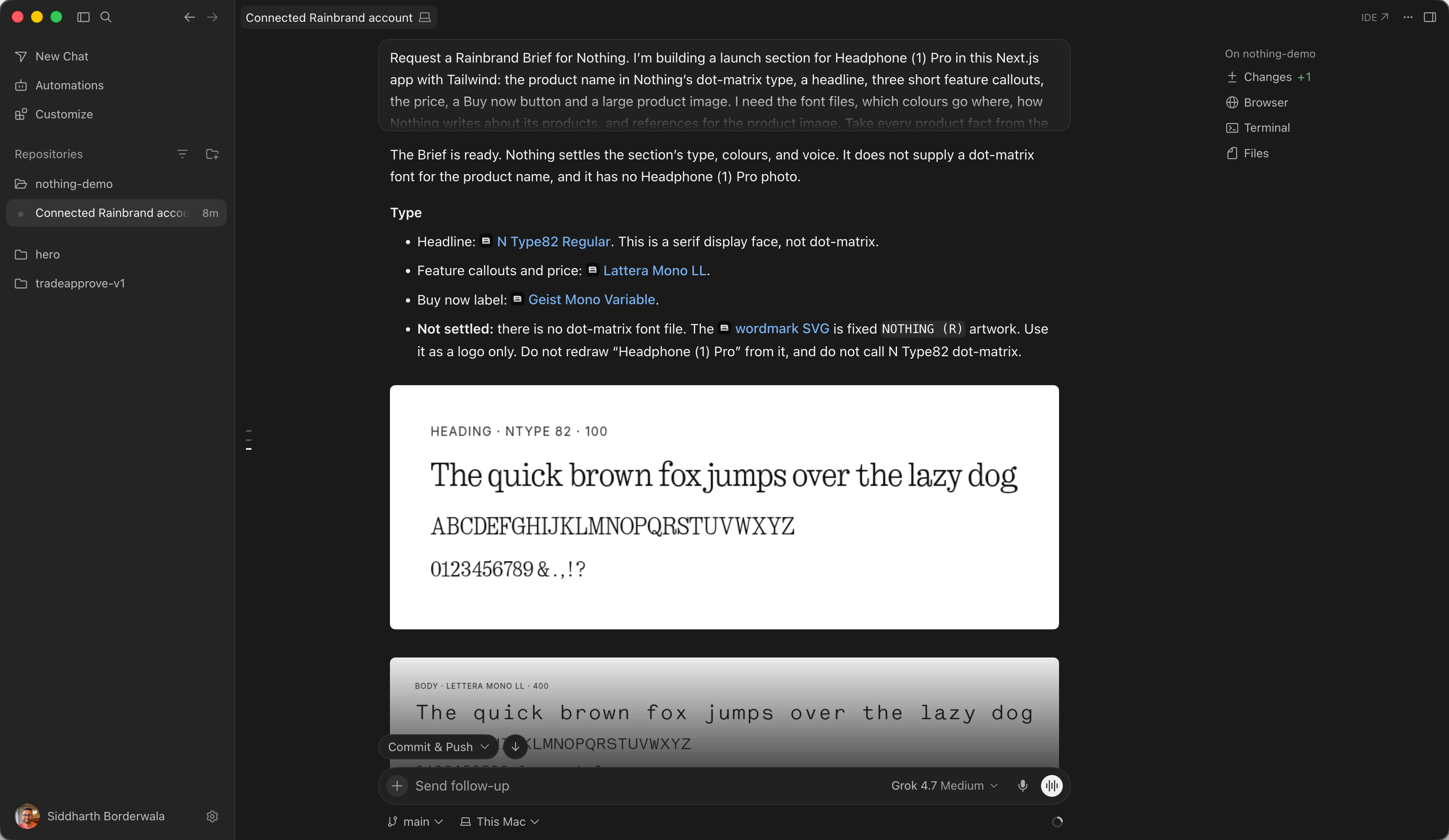 Cursor's summary of the Rainbrand Brief: N Type82, Lettera Mono and Geist Mono with links to their files, a note that the brand has no dot-matrix font, and a specimen of N Type82