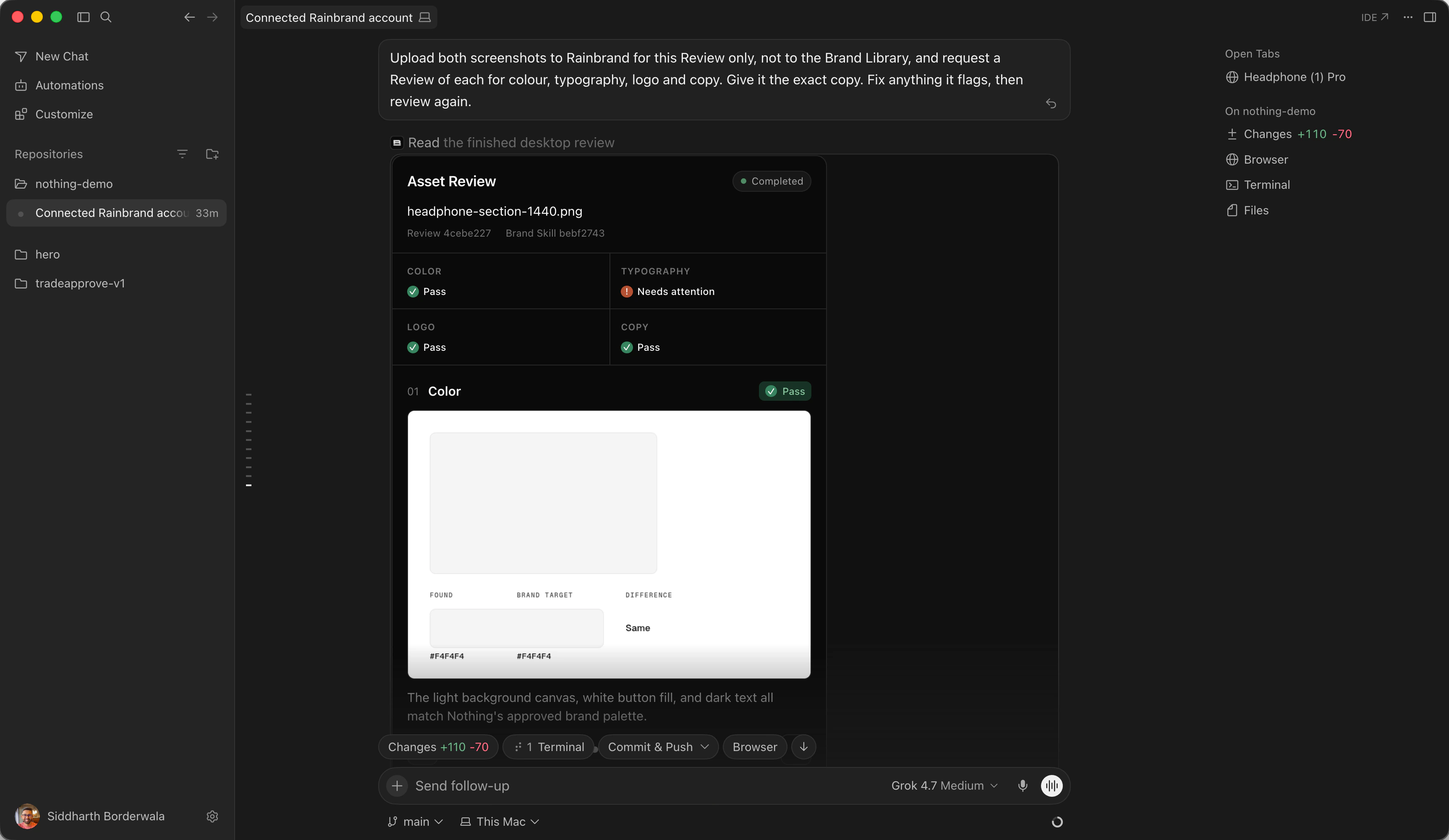 Rainbrand's Review card in Cursor's chat for the final desktop screenshot: colour, logo and copy pass, typography needs attention, with the measured canvas colour #F4F4F4 beside the brand's