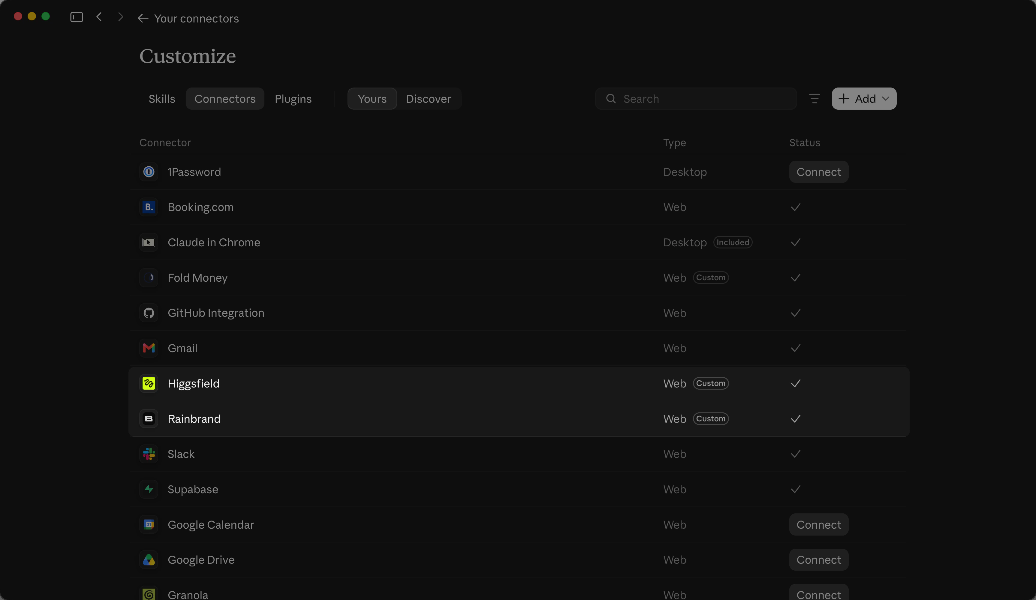 Claude's Customize page on the Connectors tab, with Higgsfield and Rainbrand listed as custom web connectors, both connected