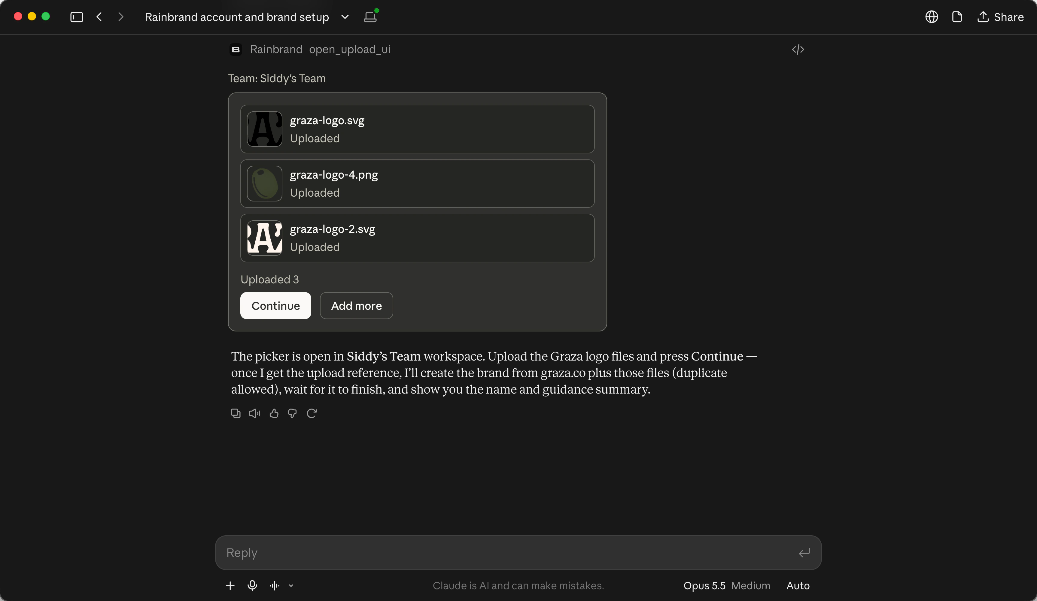 Rainbrand's file picker inside a Claude chat, with graza-logo.svg, graza-logo-4.png and graza-logo-2.svg uploaded and a Continue button