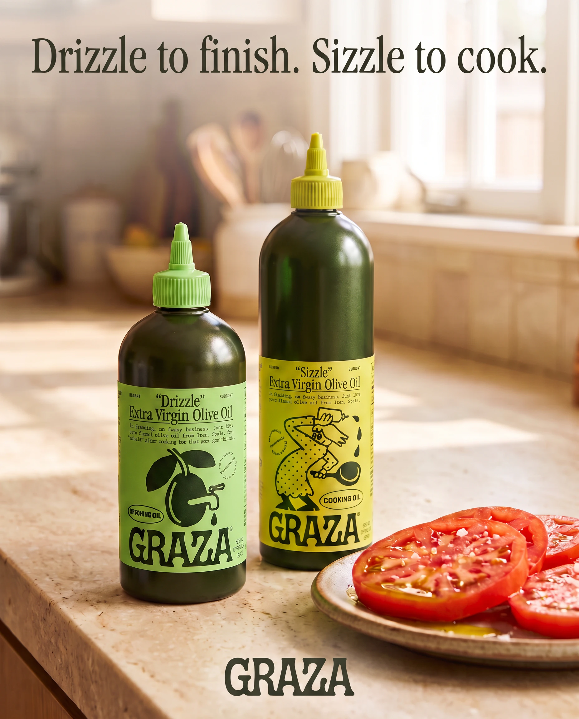 A Graza Instagram post with the headline Drizzle to finish. Sizzle to cook. above the two bottles and the GRAZA wordmark at the bottom, after the fix