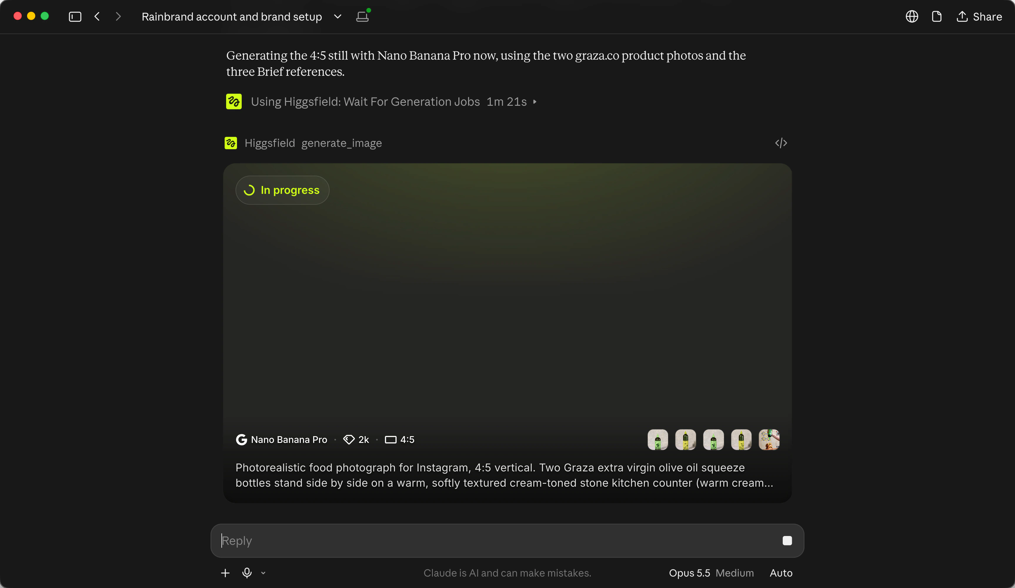 Higgsfield's generate_image card in the Claude chat, in progress: Nano Banana Pro, 2k, 4:5, with five reference images and the start of Claude's prompt