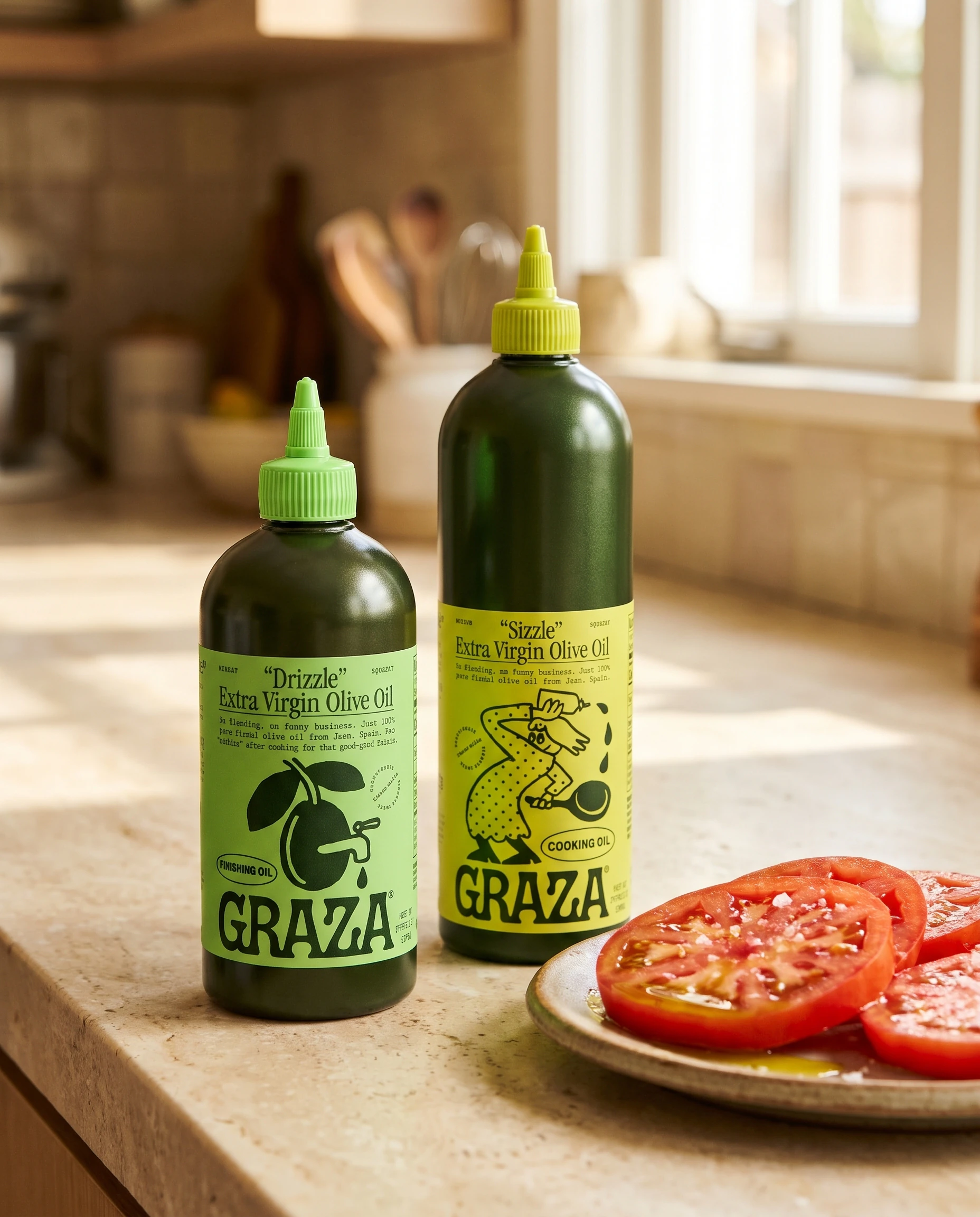 A Drizzle bottle and a taller Sizzle bottle on a stone kitchen counter in window light, beside a plate of sliced tomatoes