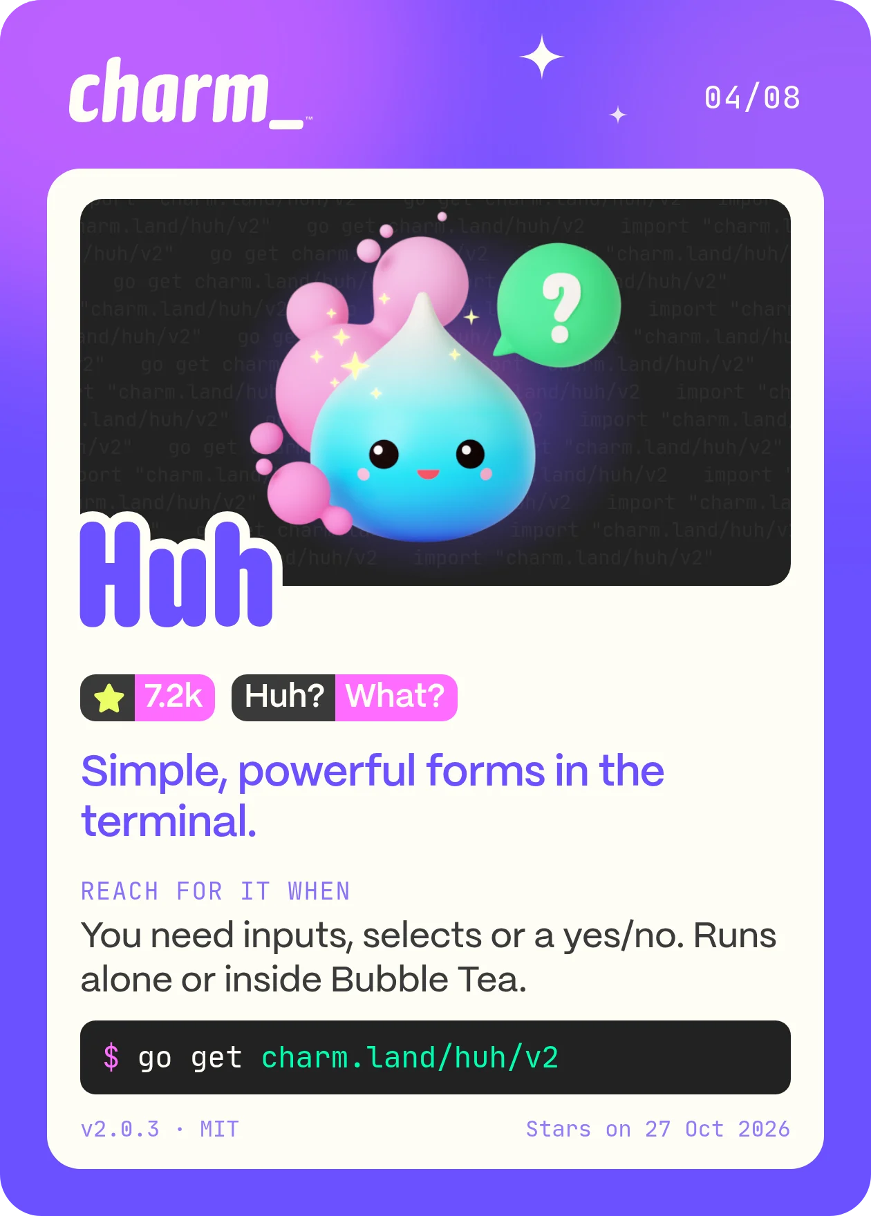 Round 1: the top of the Huh card, its violet frame shading to pink behind the charm_ wordmark.