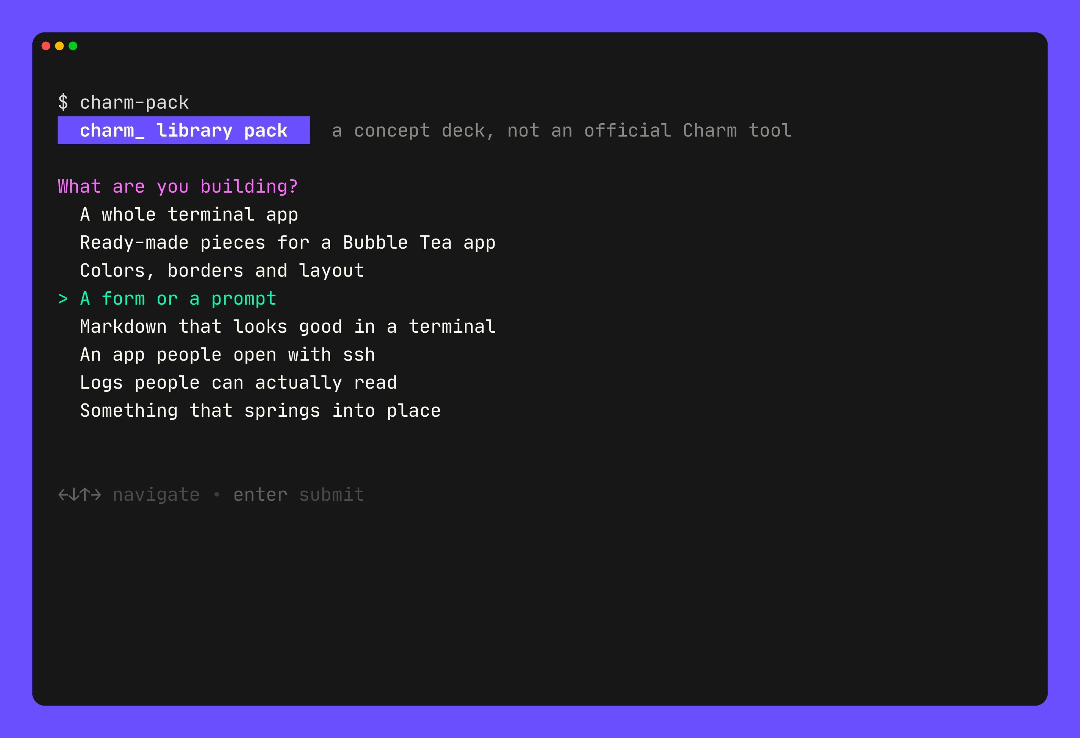 Round 1: the top of the terminal demo, a near-black window on a violet margin, asking What are you building?