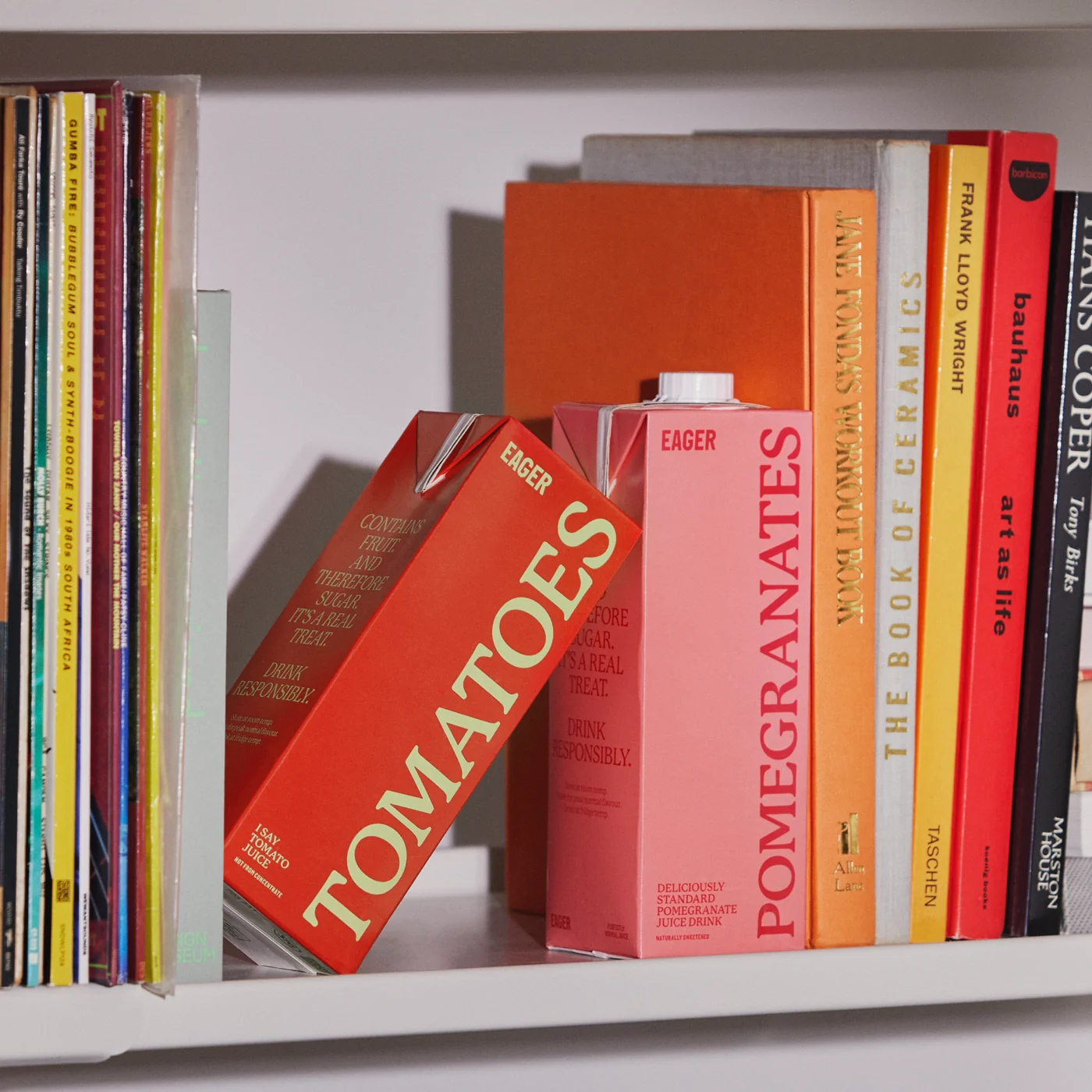 Eager cartons styled on a home bookshelf
