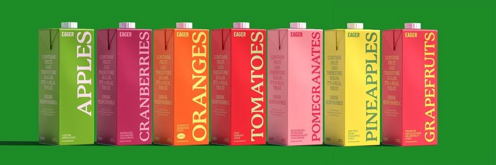 Seven-carton Eager range lineup against a green backdrop