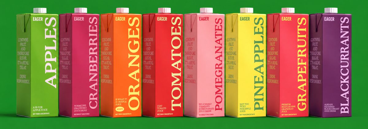 Eight Eager cartons in a row on green, with the purple Blackcurrants carton at the end.