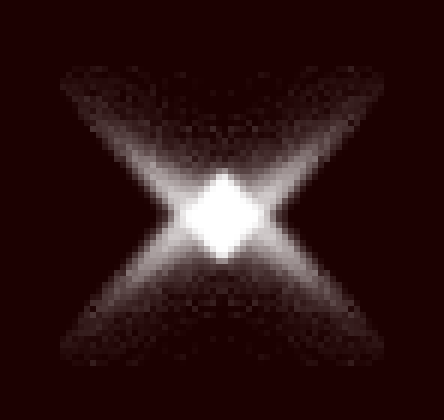The footer mark in round 1: a small white X whose stipple has blurred into soft beams.