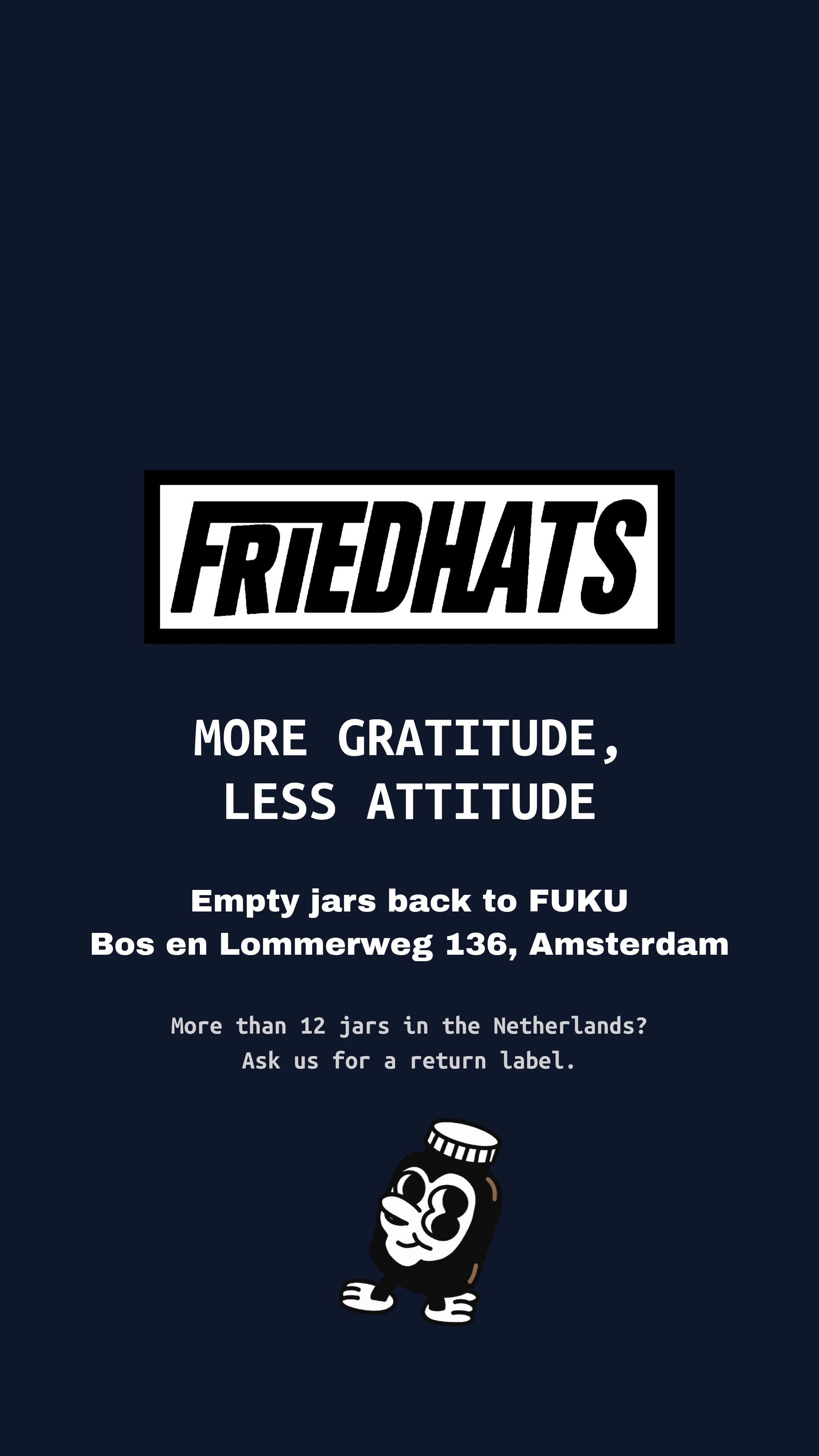 Round 1: the return-label note in small light-grey type on navy.