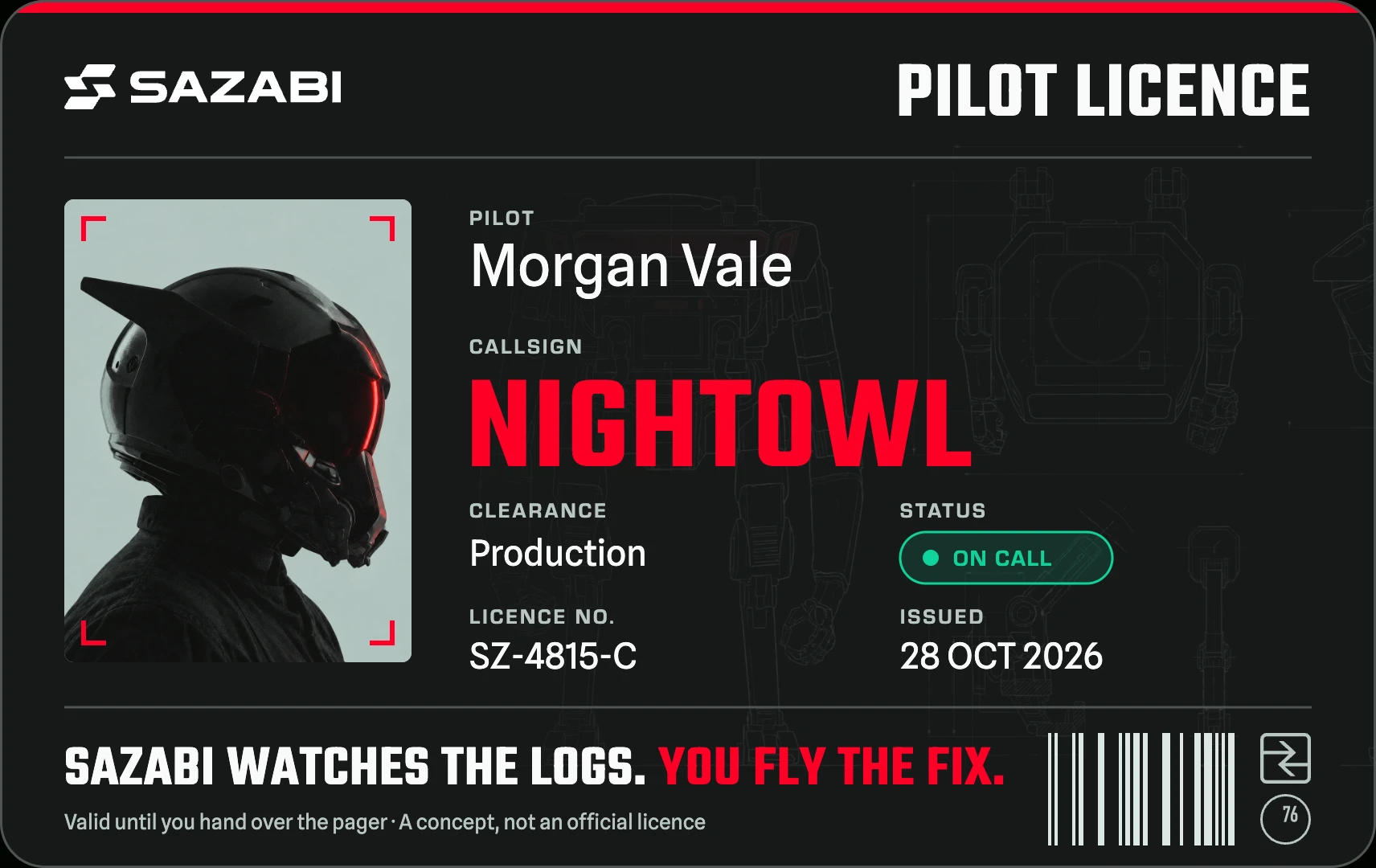 Morgan Vale on the fixed card, in Spline Sans 400.