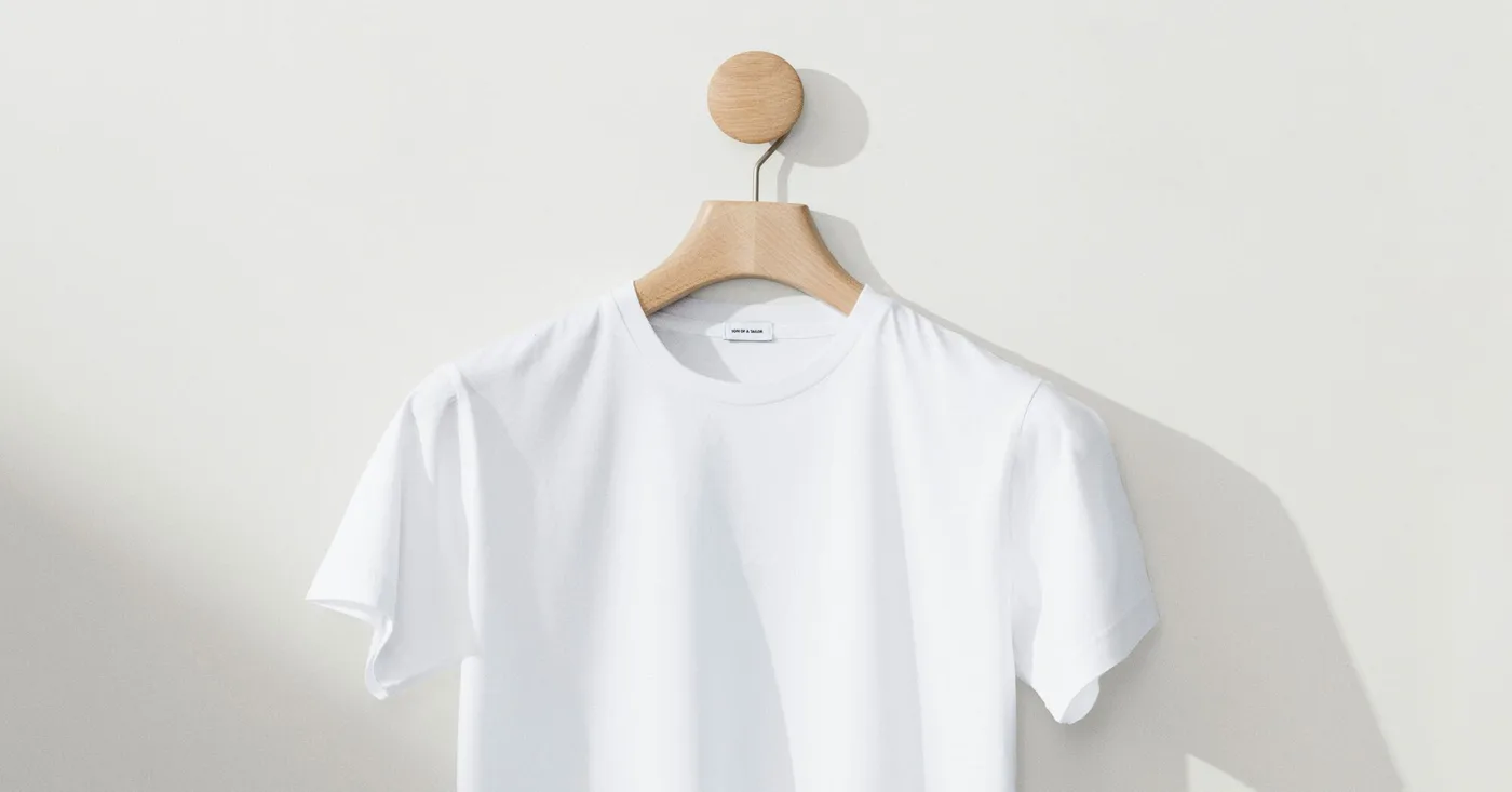 A white Son of a Tailor T-shirt on a wooden hanger and wall peg