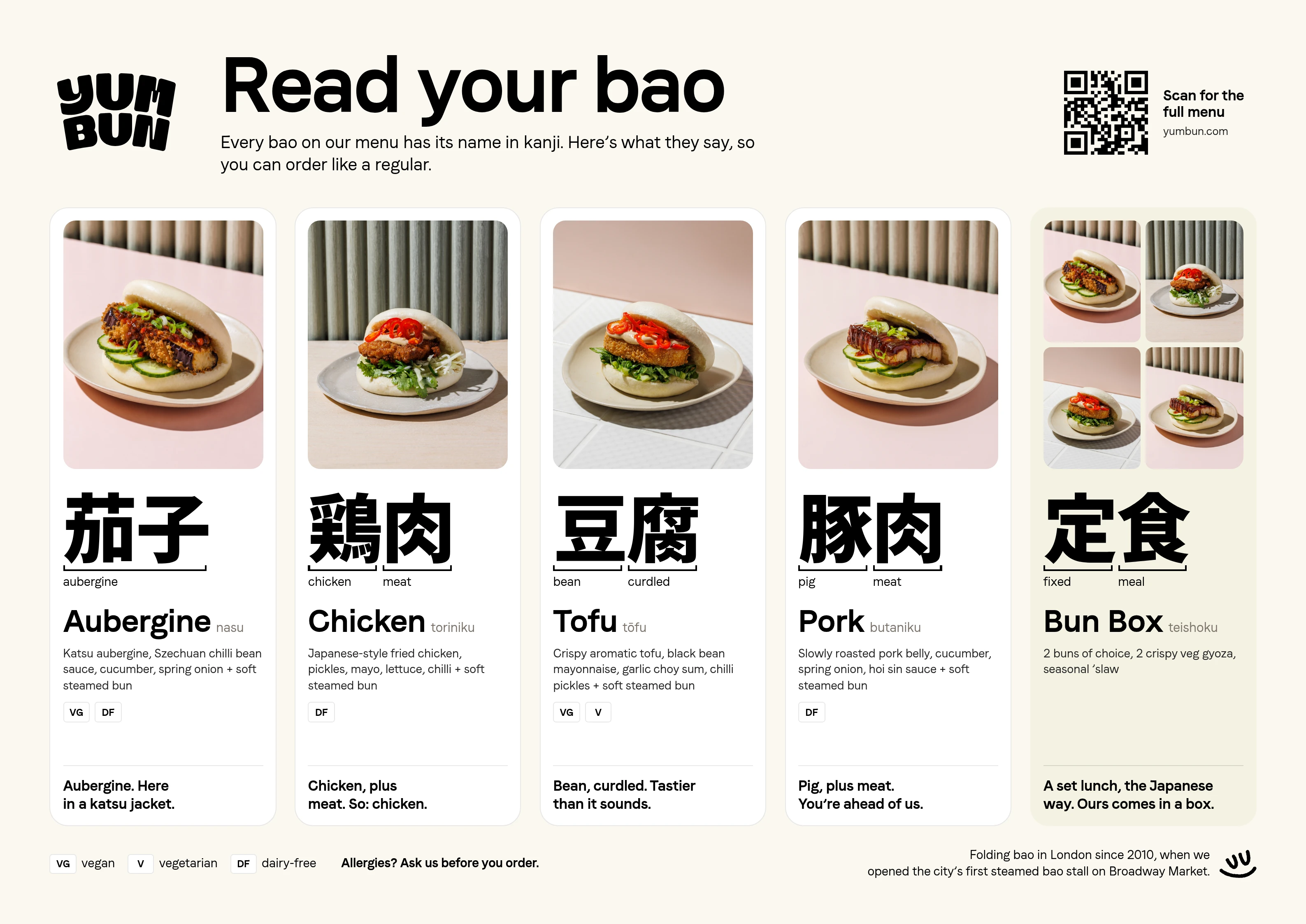 A menu card on the tray menu in round 2: the aubergine bao’s fillings and diet tags.
