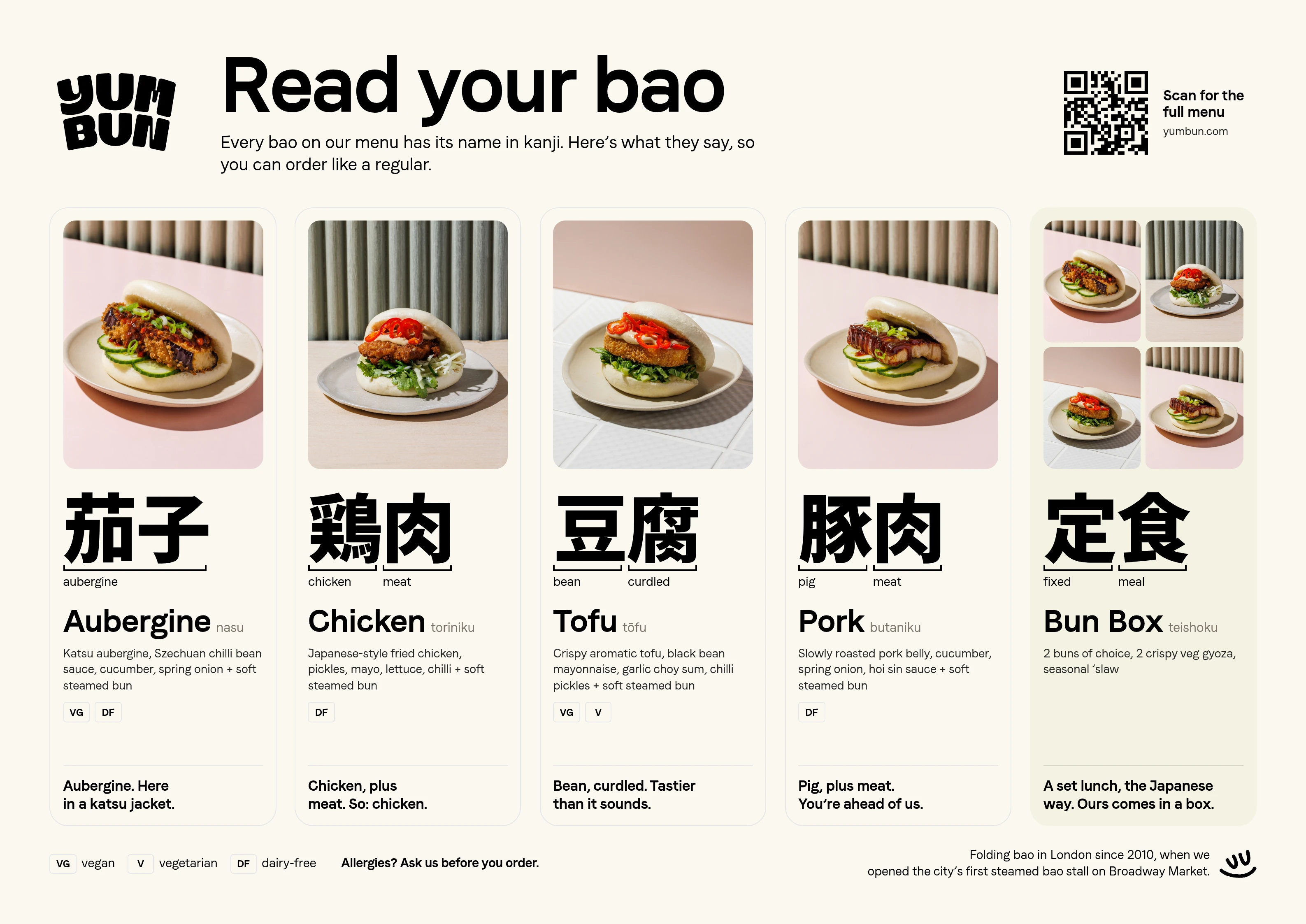 A menu card on the tray menu in round 3: the aubergine bao’s fillings and diet tags.
