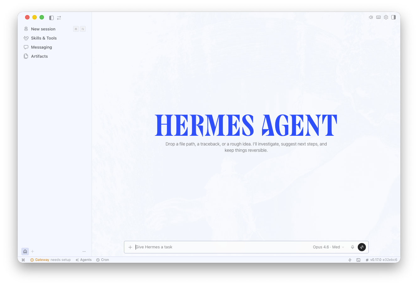 Hermes Desktop new session screen