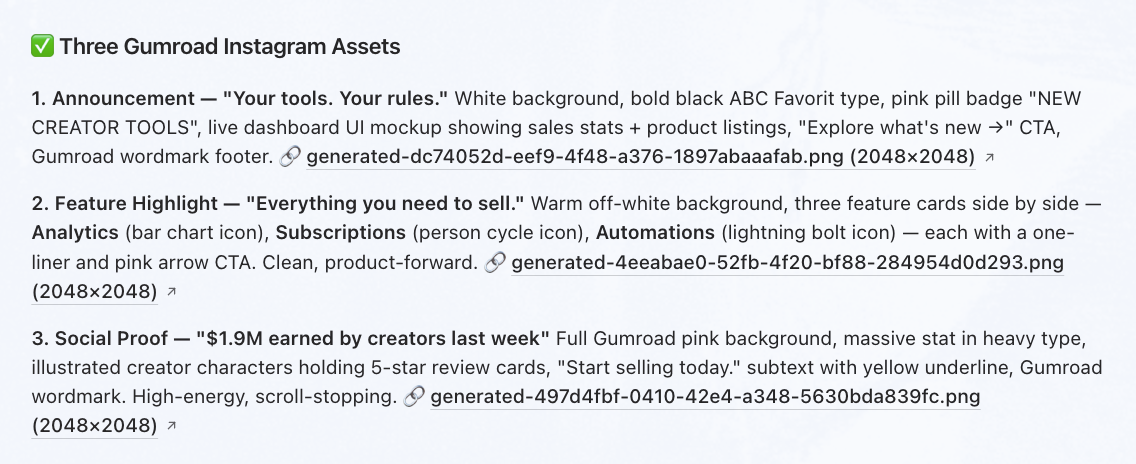 Hermes planning Gumroad Instagram assets
