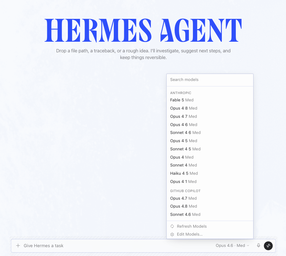 Model picker in Hermes Desktop