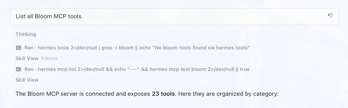 Bloom tools visible in Hermes
